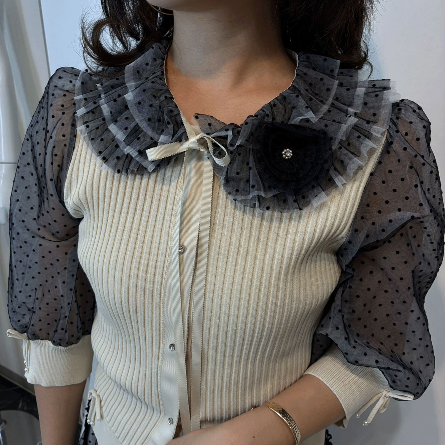 【3月中旬入荷予定】Super Beauty ドット柄袖＆衿のリブ編みニットカーディガン（衿着脱可） - 画像16