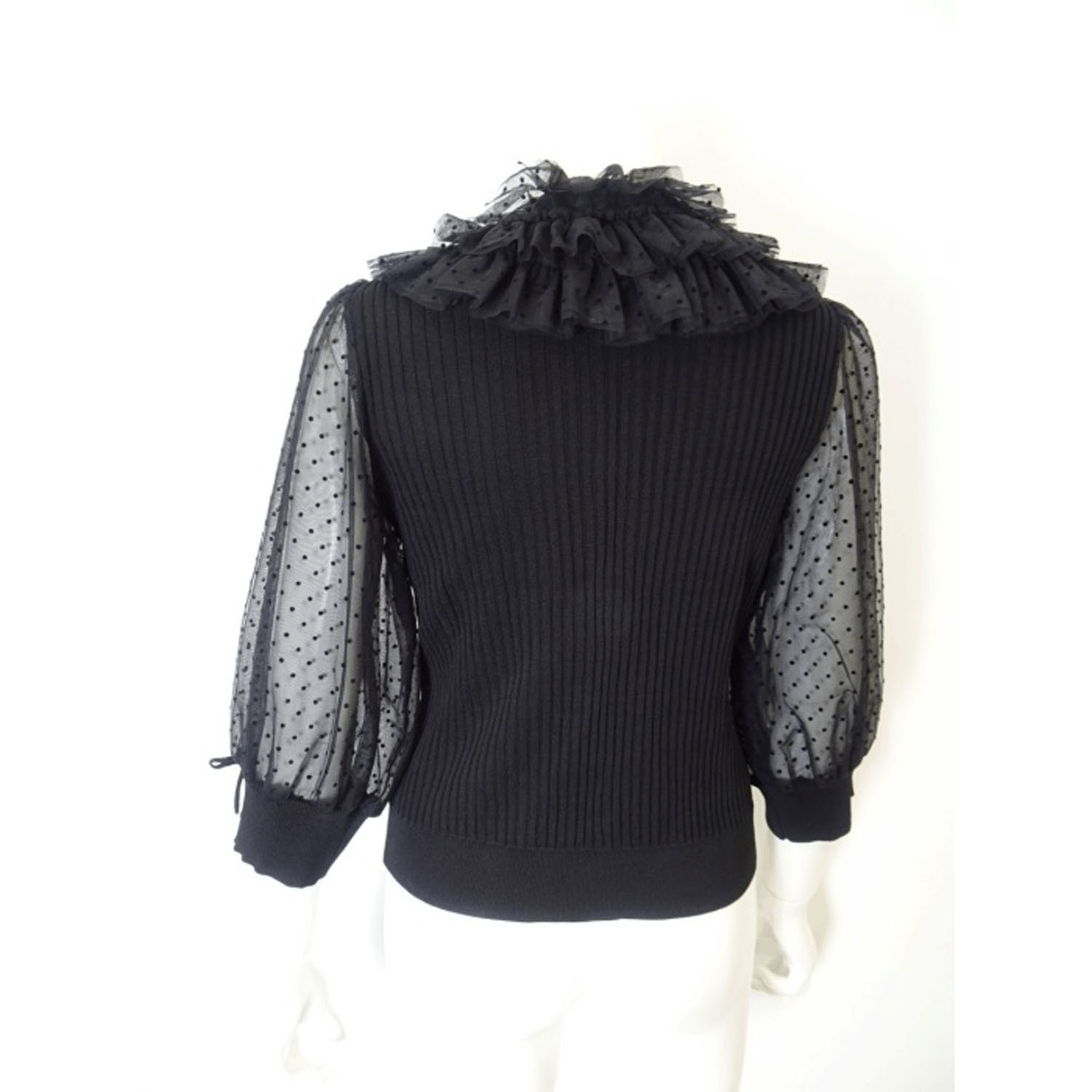 【3月中旬入荷予定】Super Beauty ドット柄袖＆衿のリブ編みニットカーディガン（衿着脱可） - 画像4