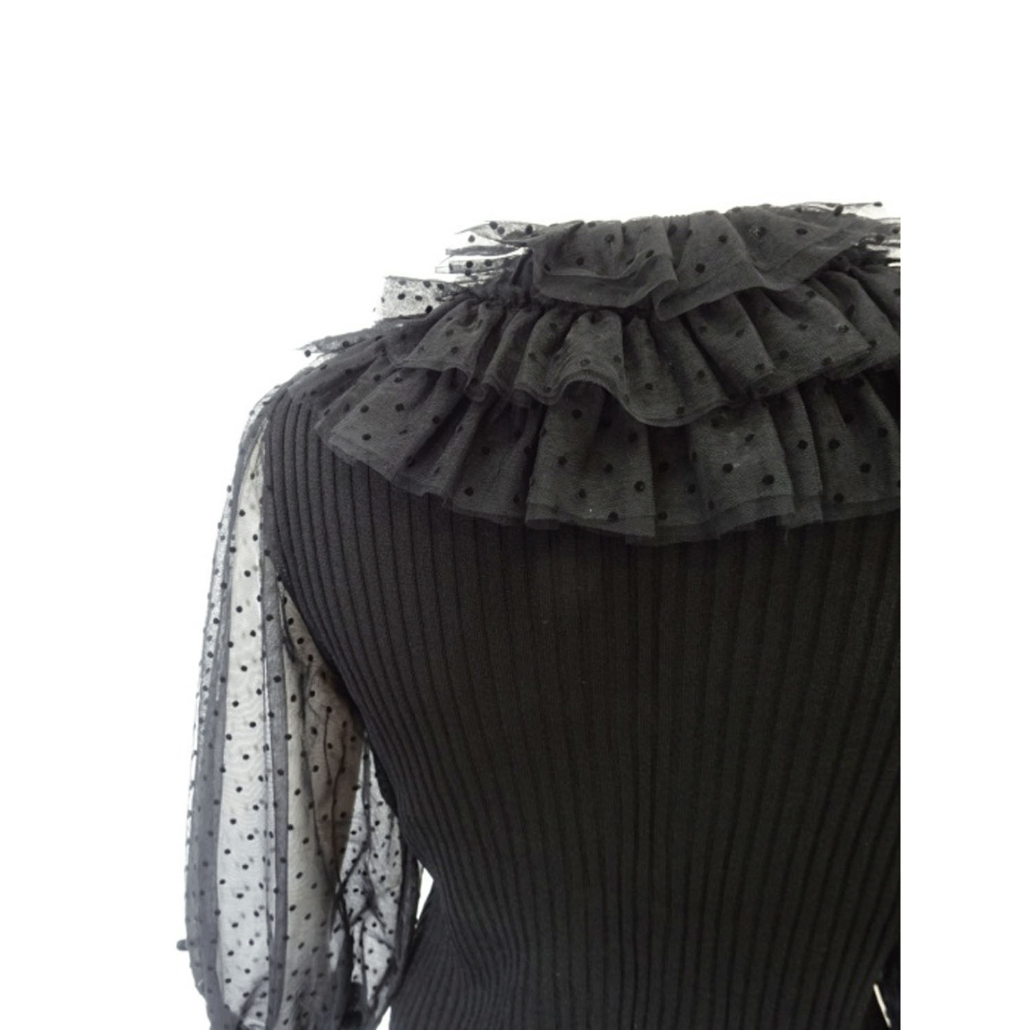 【3月中旬入荷予定】Super Beauty ドット柄袖＆衿のリブ編みニットカーディガン（衿着脱可） - 画像6