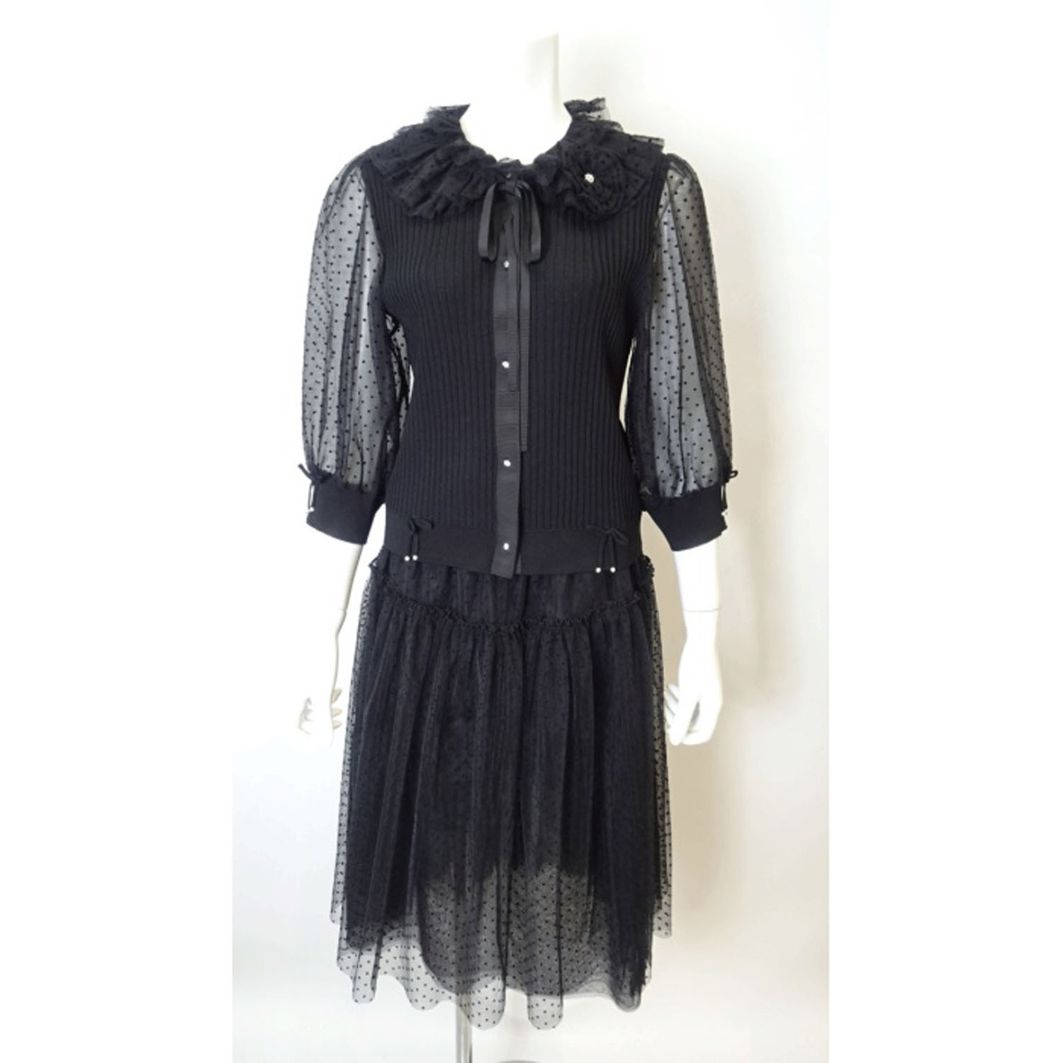 【3月中旬入荷予定】Super Beauty ドット柄袖＆衿のリブ編みニットカーディガン（衿着脱可） - 画像10