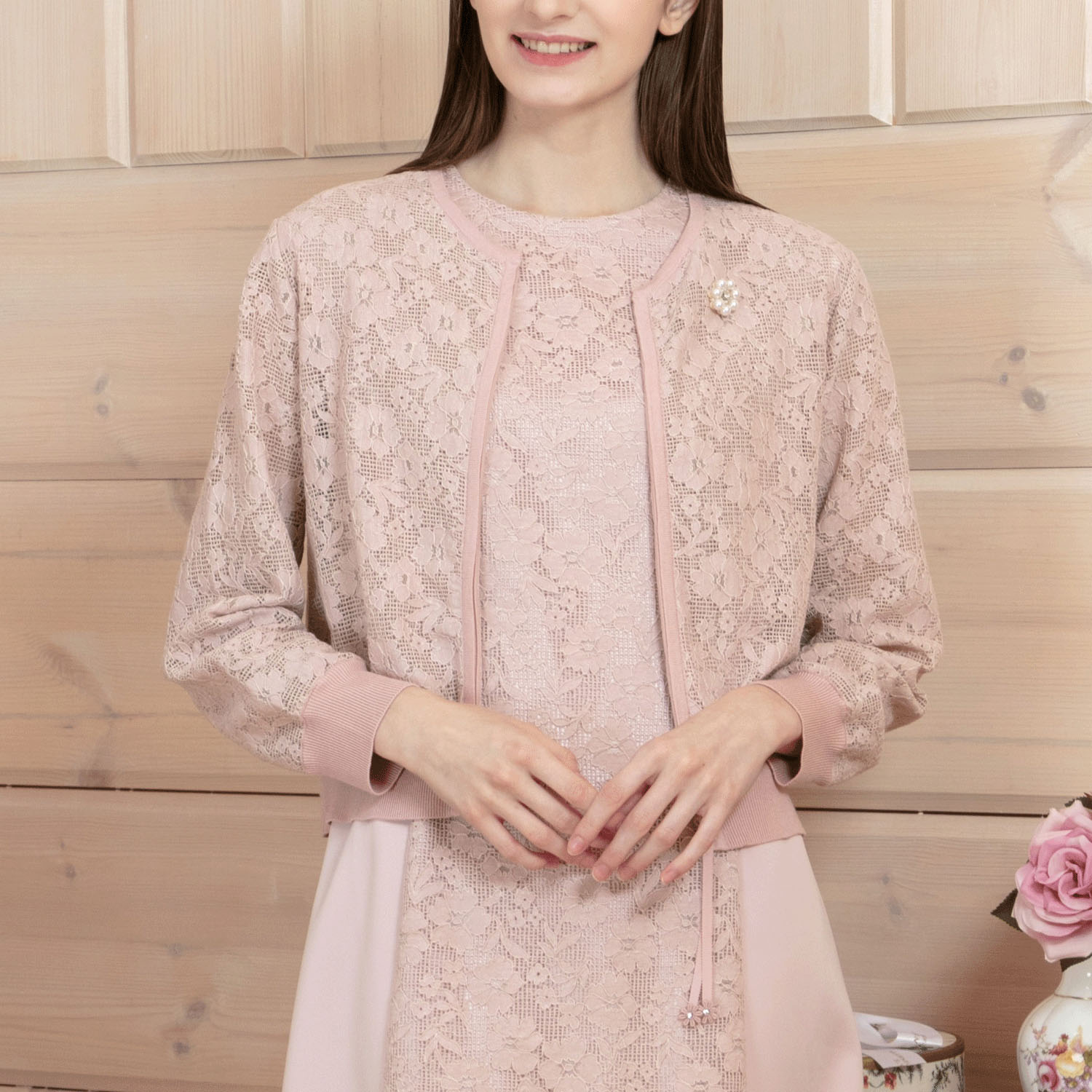 Super Beauty レース編みジップアップニットカーディガン - 画像1