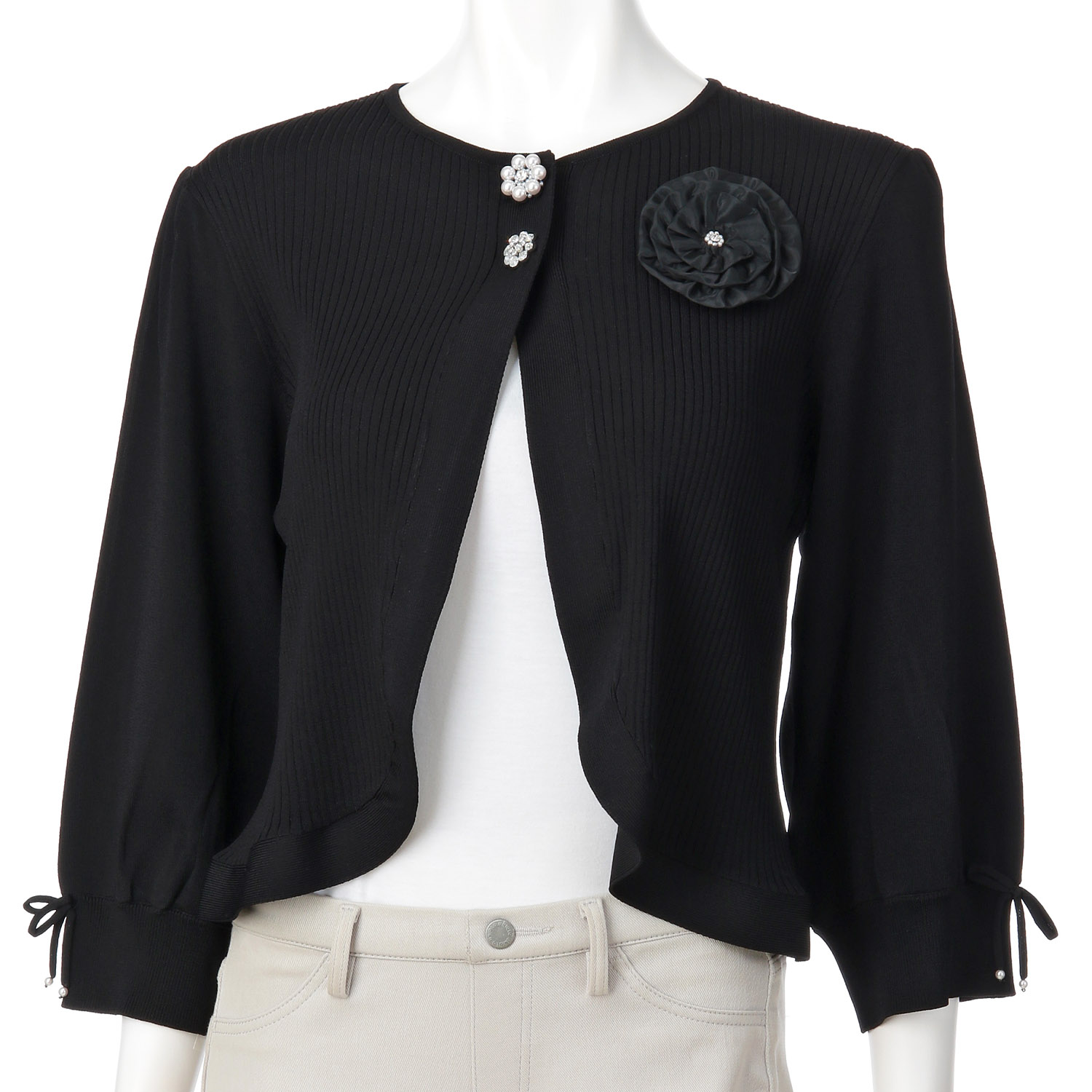 【4月初旬入荷予定】Super Beauty ジュエルボタン付きふんわりギャザー袖ニットボレロ - 画像4