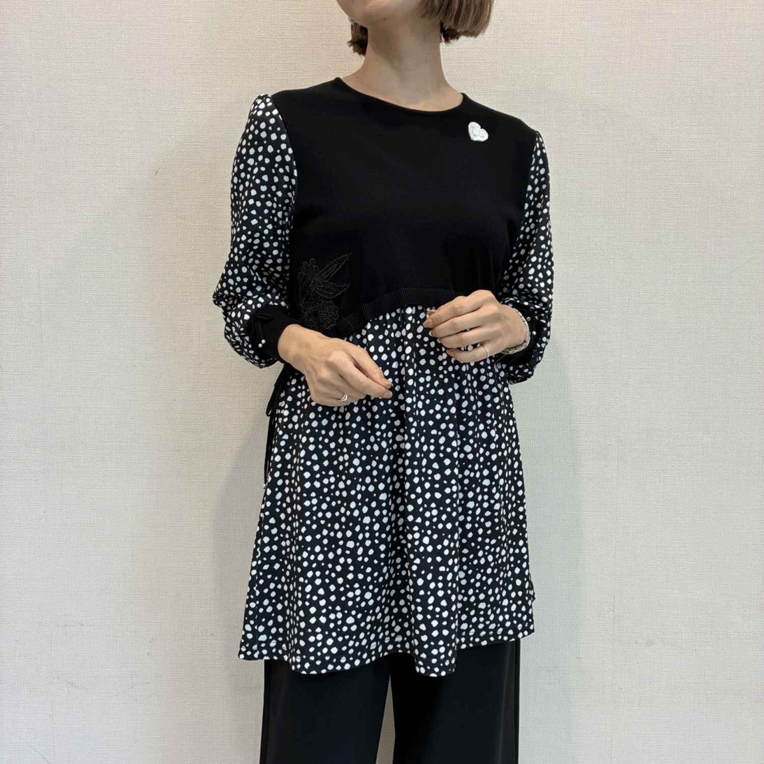 【Insta Live】Super Beauty 水玉柄異素材ドッキングチュニック