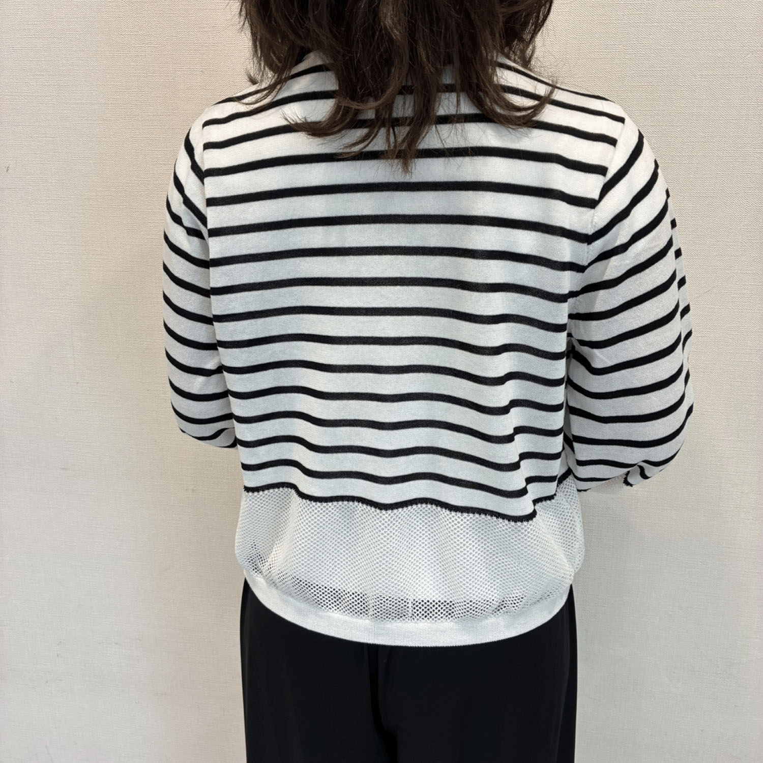 Super Beauty 袖バルーンデザインボーダー柄ニットカーディガン - 画像4