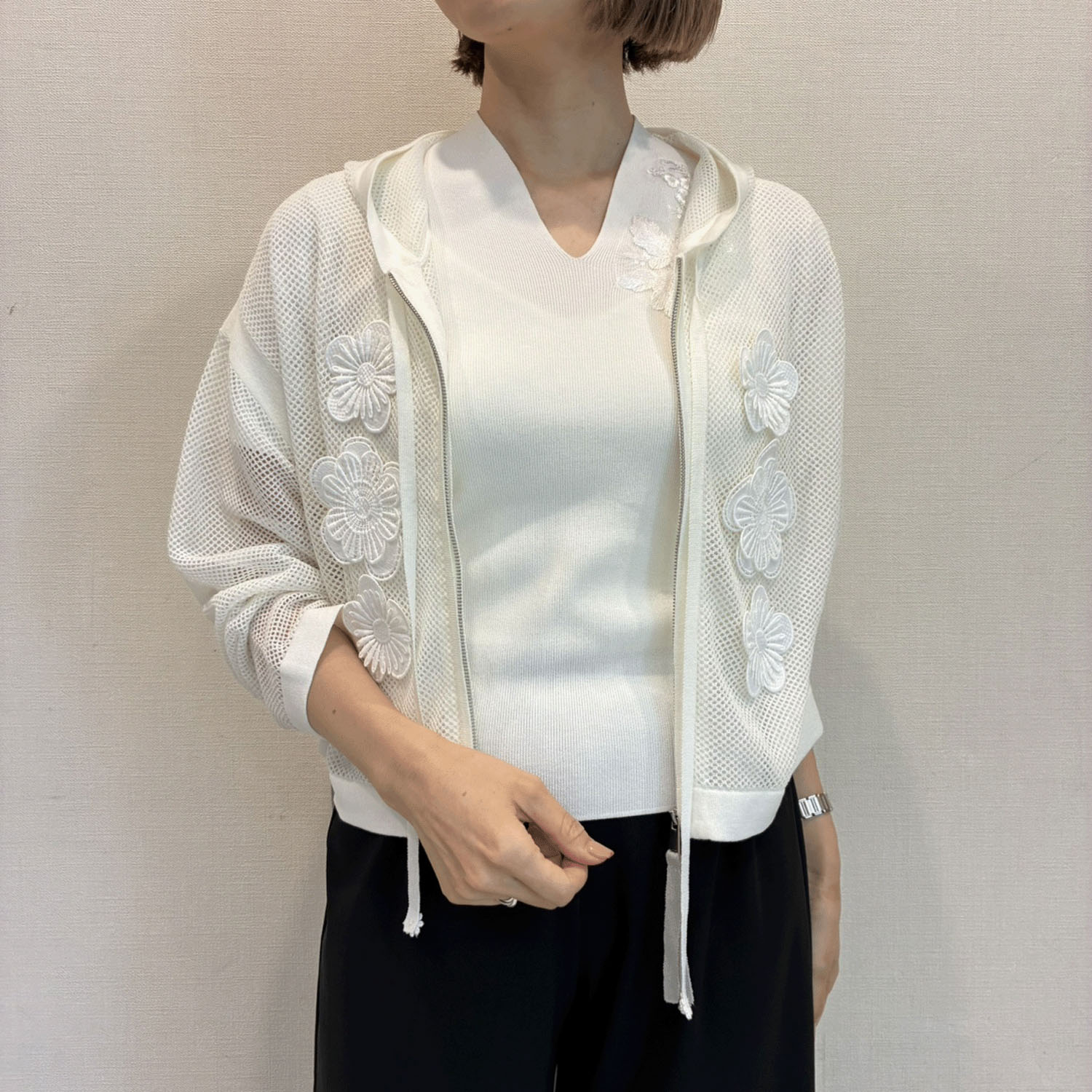 【LIVE ARCHIVE】Super Beauty 花モチーフ付透かし編みニットパーカー - 画像3