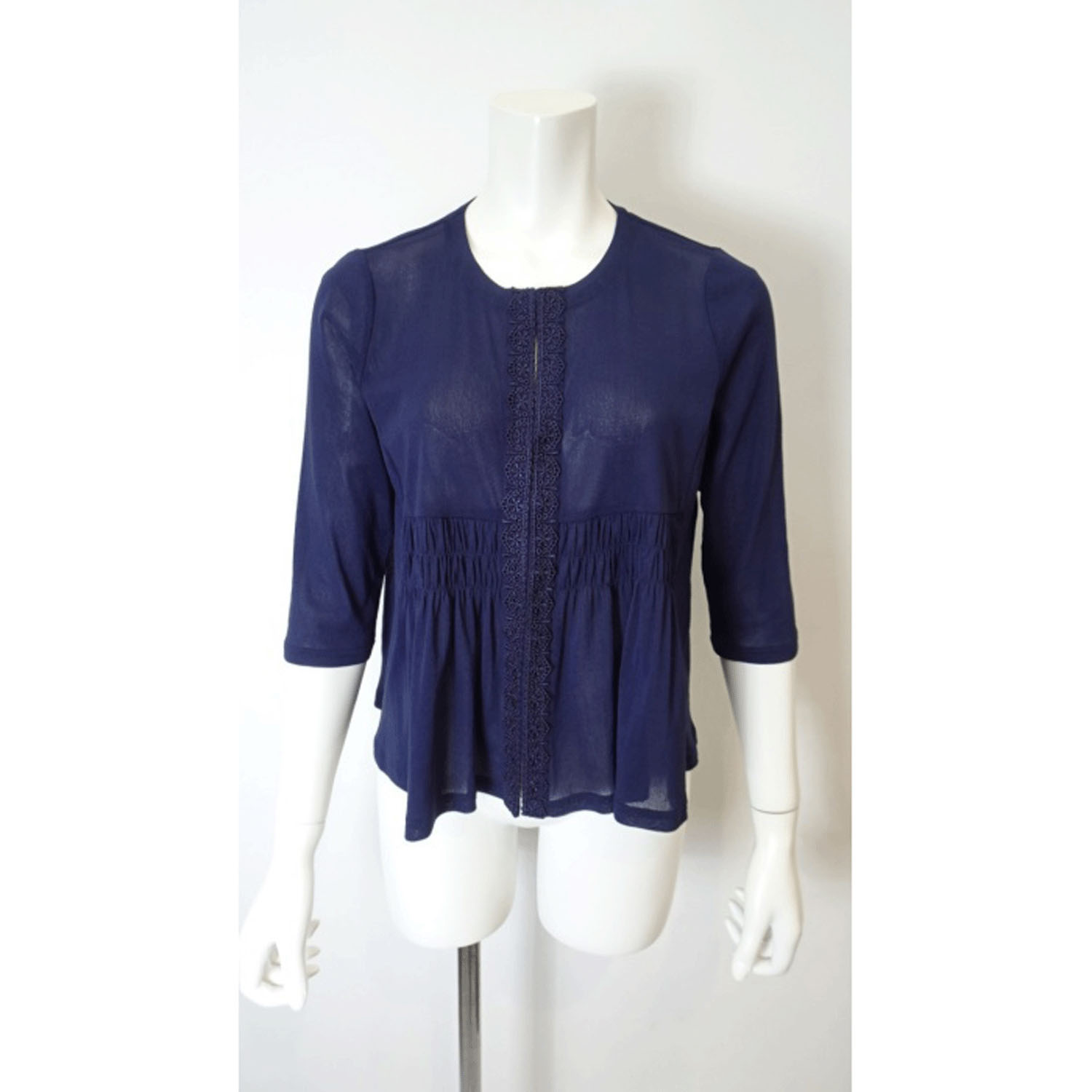 Super Beauty ギャザーデザイン ノーカラーパワーネット素材カーディガン - 画像6