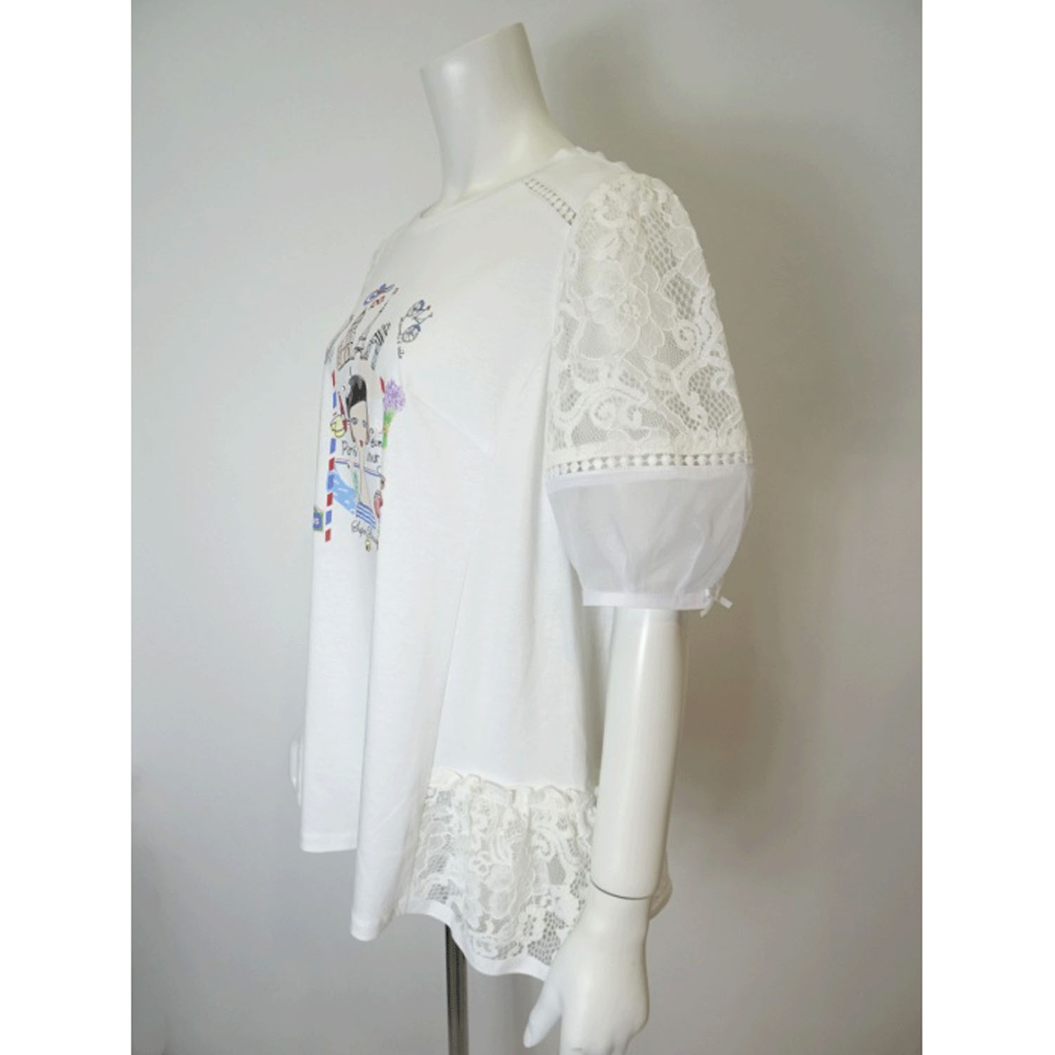 【4月中旬入荷予定】Super Beauty 胸元Parisモチーフプリント レース切替×パフ袖ロングTシャツ - 画像12