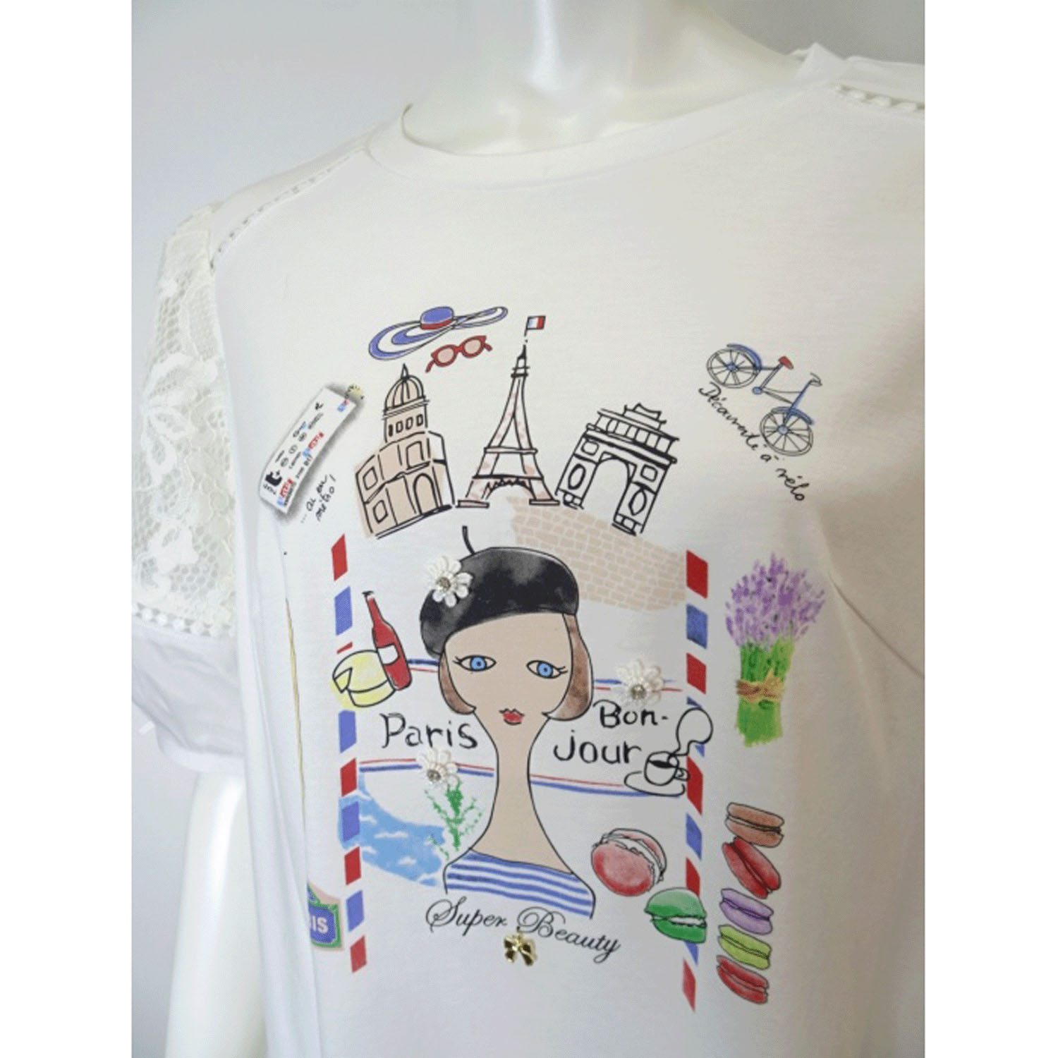 【4月中旬入荷予定】Super Beauty 胸元Parisモチーフプリント レース切替×パフ袖ロングTシャツ - 画像16