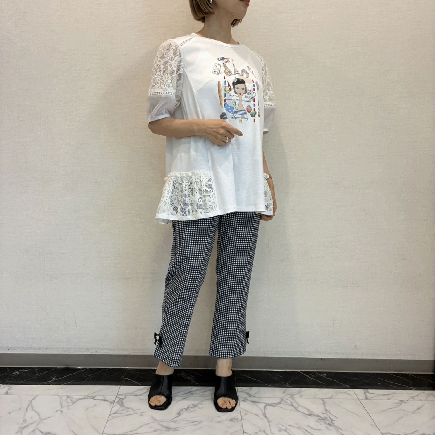 【4月中旬入荷予定】Super Beauty 胸元Parisモチーフプリント レース切替×パフ袖ロングTシャツ - 画像9