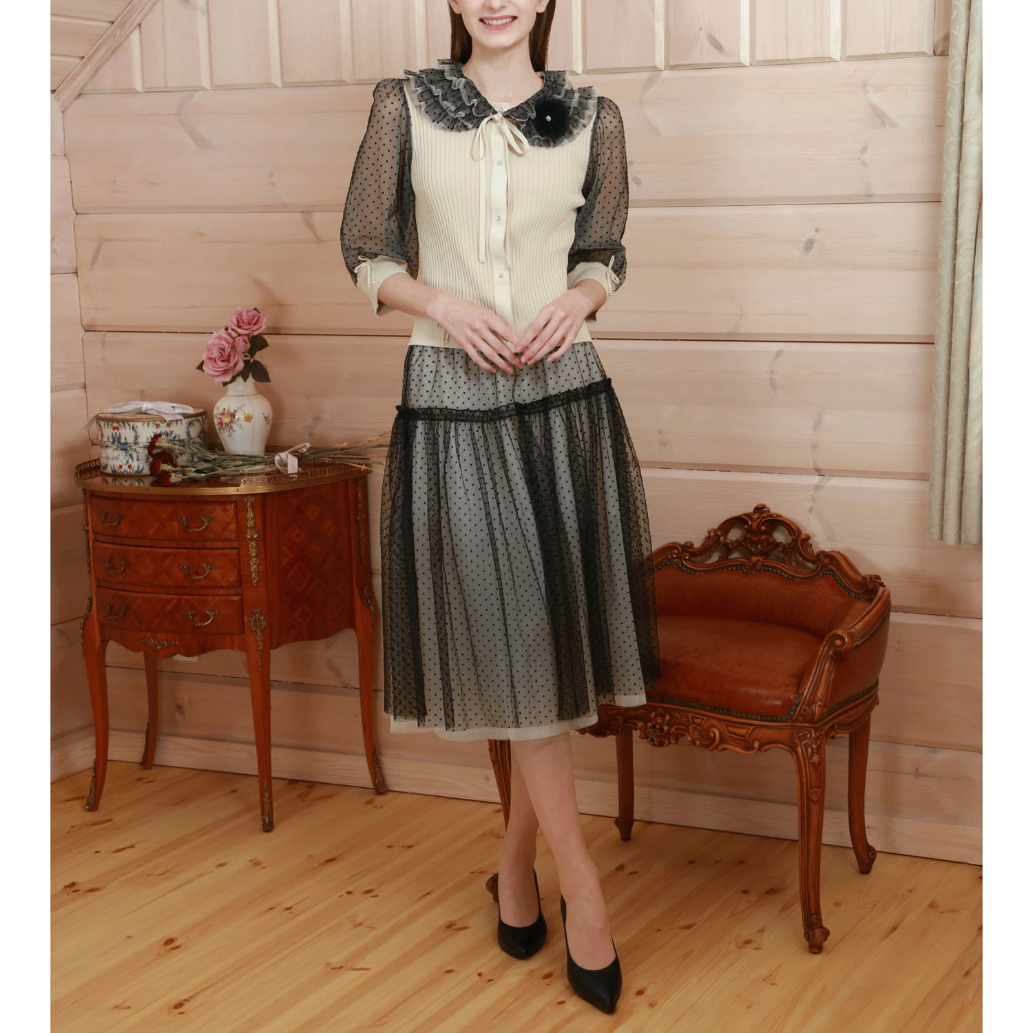 Super Beauty フロッキードットプリントスカート - 画像6