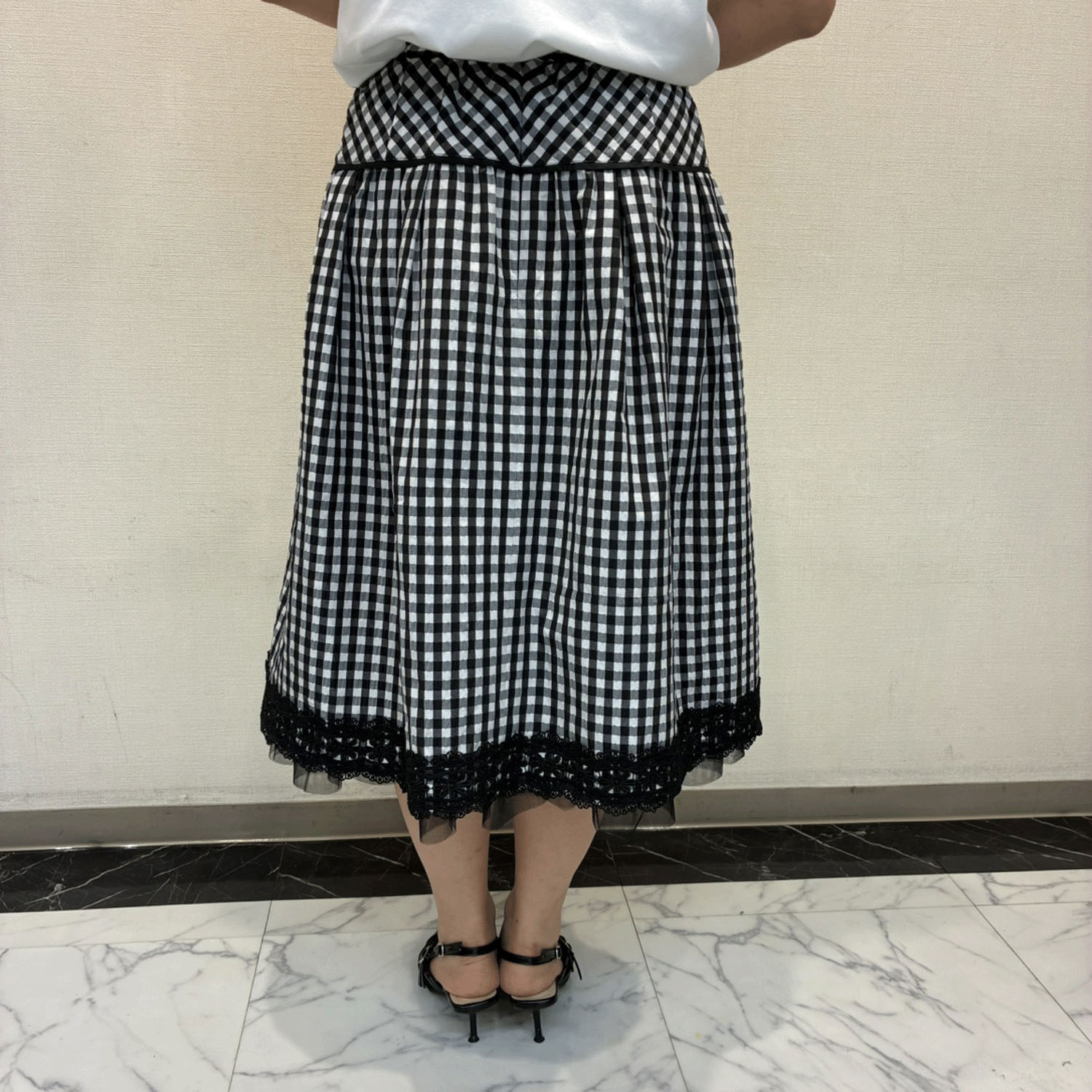 Super Beauty ギンガムチェック 裾レースタックデザインスカート - 画像3