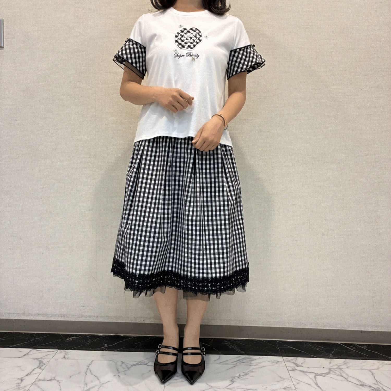 Super Beauty ギンガムチェック 裾レースタックデザインスカート - 画像4