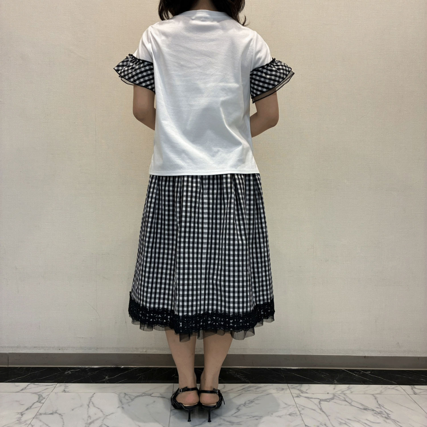 Super Beauty ギンガムチェック 裾レースタックデザインスカート - 画像5