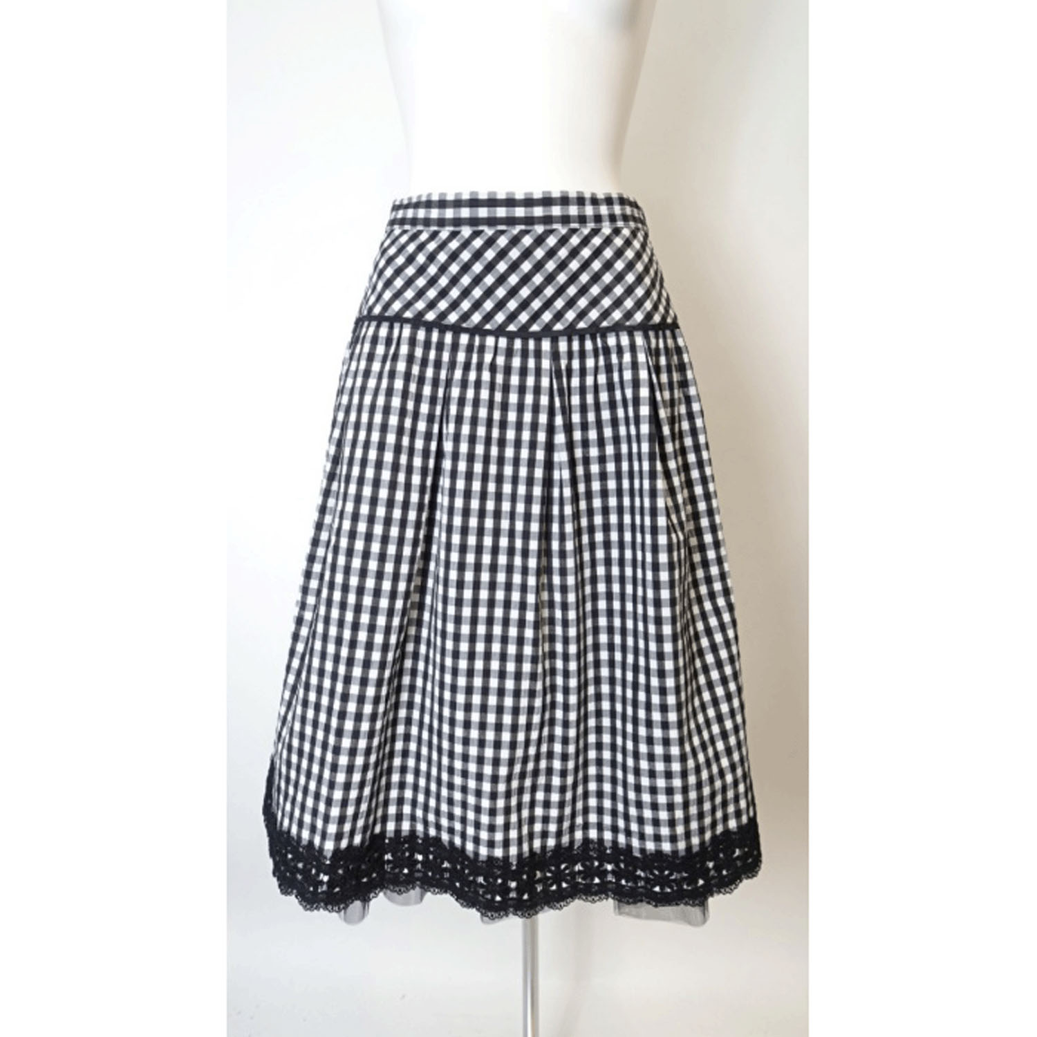 Super Beauty ギンガムチェック 裾レースタックデザインスカート - 画像6
