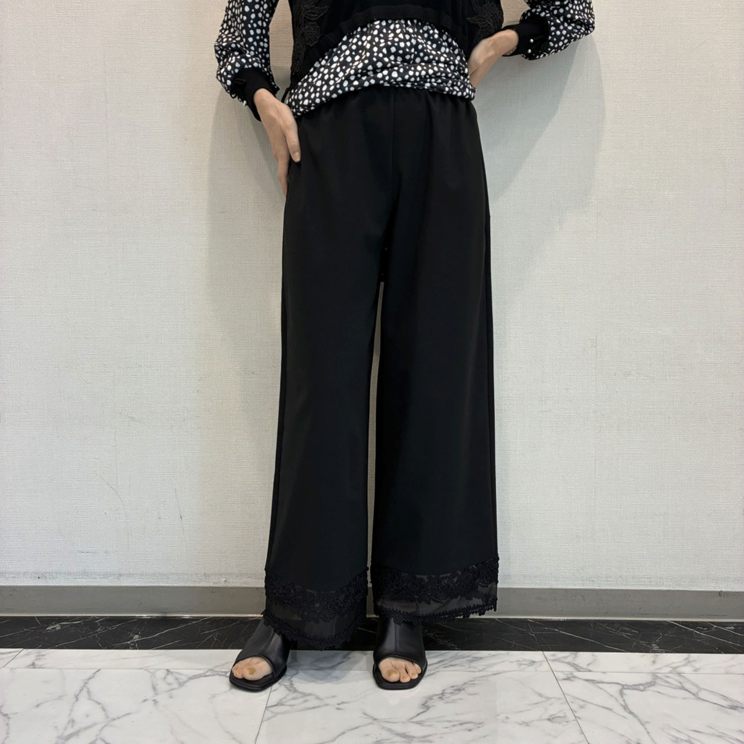Super Beauty 裾レース×ジョーゼット素材切替ワイドパンツ - 画像2