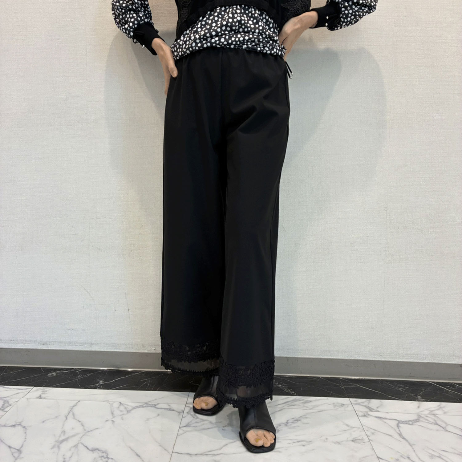 Super Beauty 裾レース×ジョーゼット素材切替ワイドパンツ - 画像3