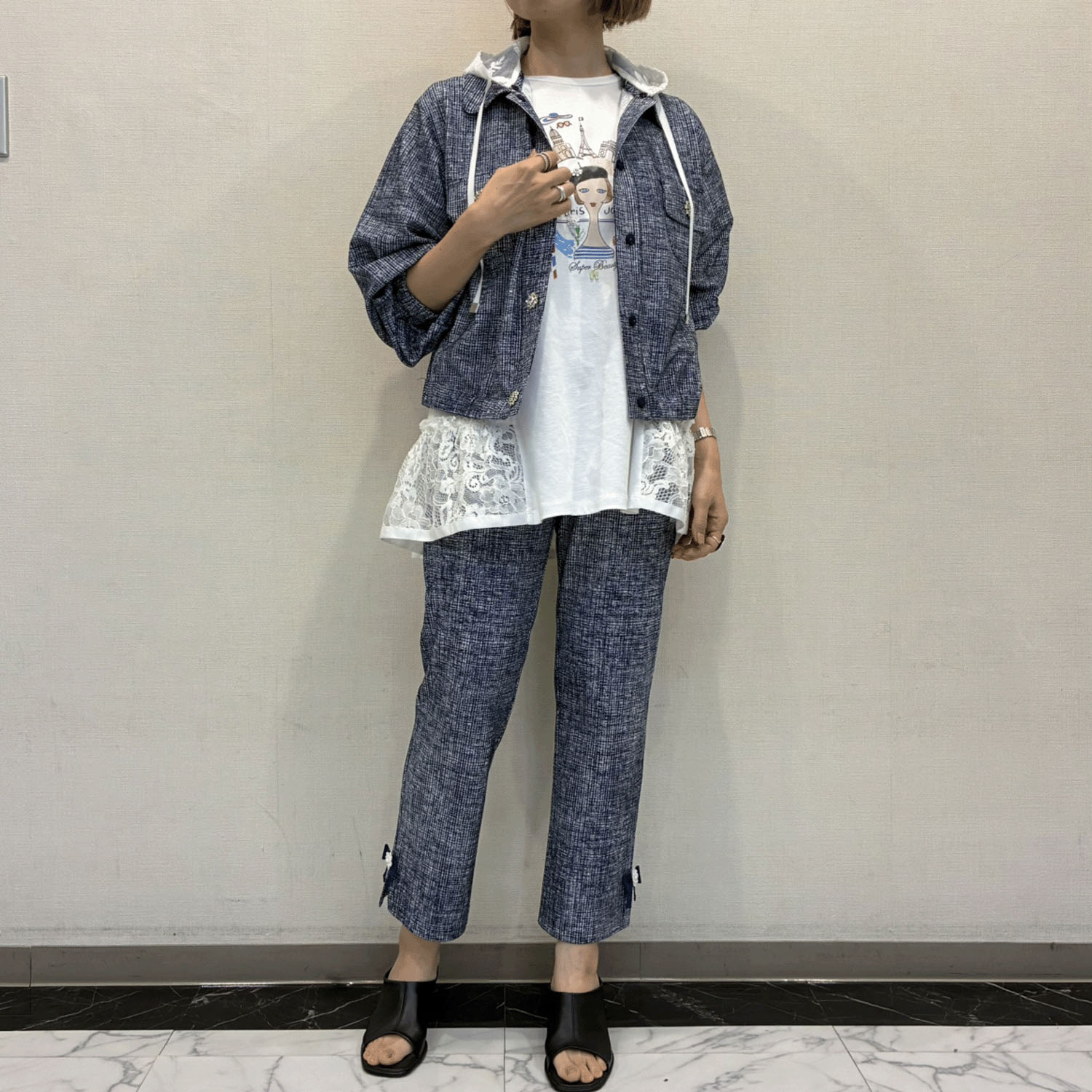 Super Beauty リボン×花モチーフ付サイドスリットチェック柄パンツ - 画像6