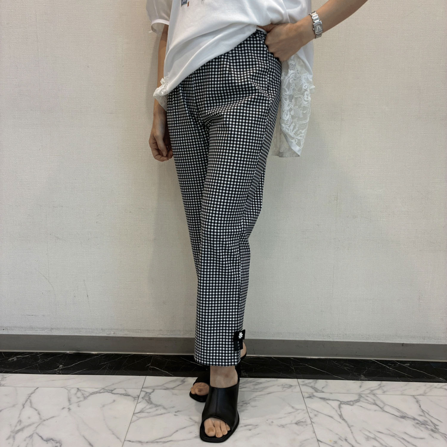 【4月中旬入荷予定】Super Beauty リボン×花モチーフ付サイドスリットギンガムチェック素材パンツ - 画像6