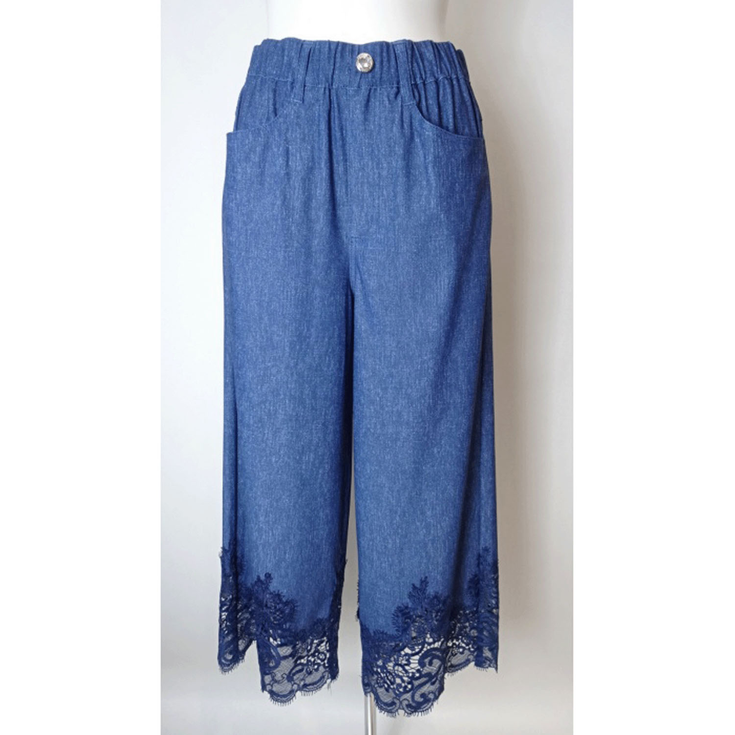 Super Beauty 裾レースデザインデニム風ストレッチパンツ - 画像11