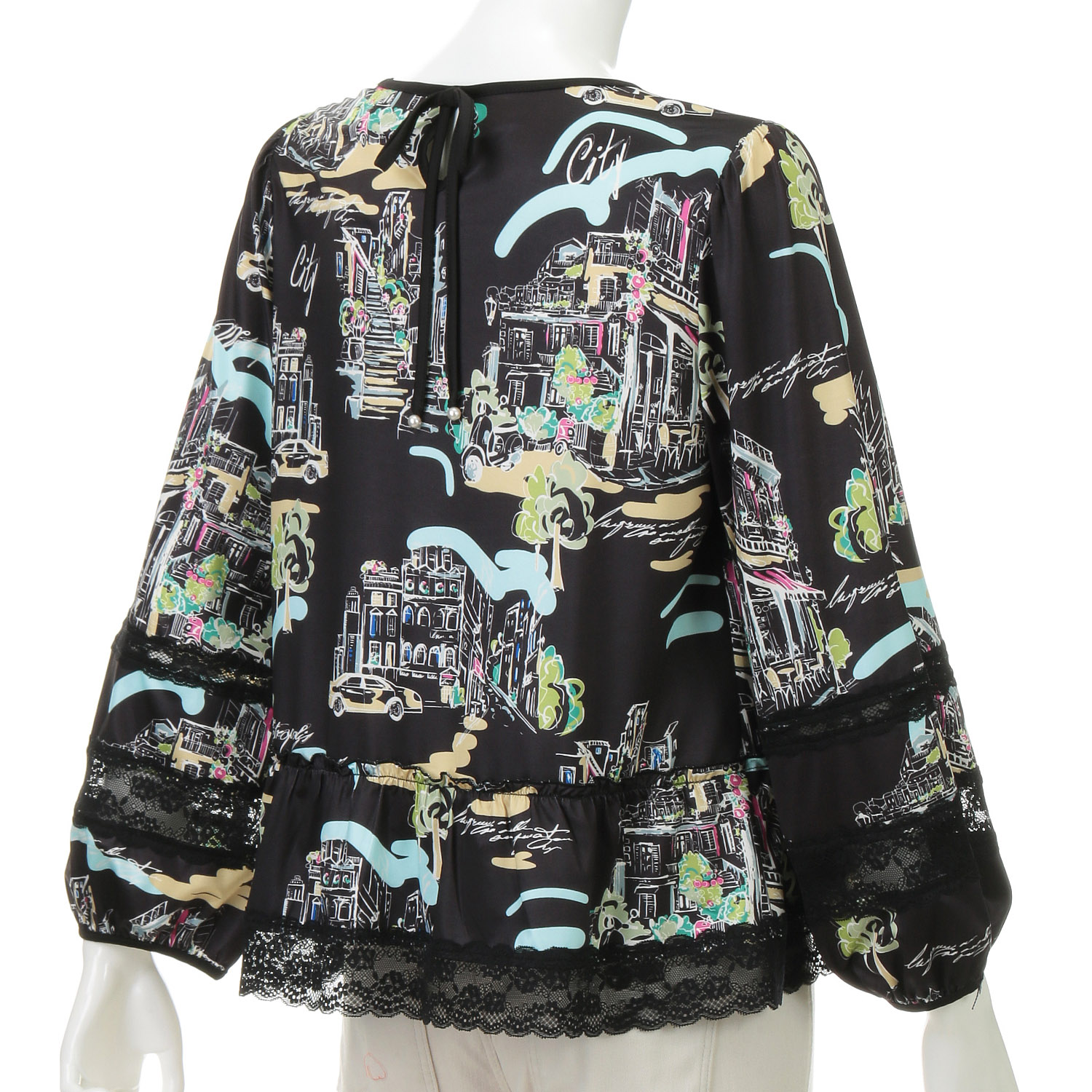 Super Beauty 街並み風景プリントパフスリーブカットソー - 画像3