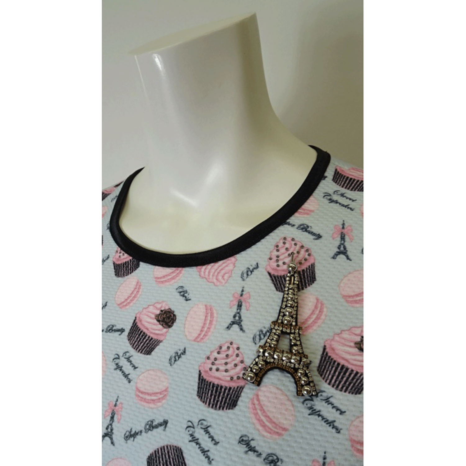 【Insta Live】Super Beauty エッフェル塔モチーフ付スイーツ柄プリント半袖ワンピース - 画像12