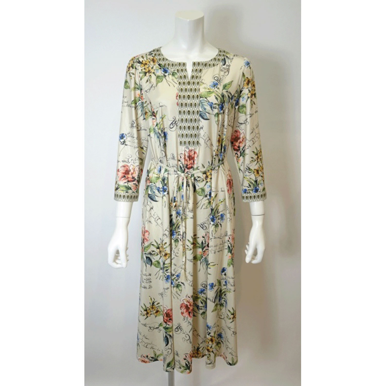 Super Beauty 胸元スリット入り多色使いジャージ素材七分袖ワンピース - 画像1