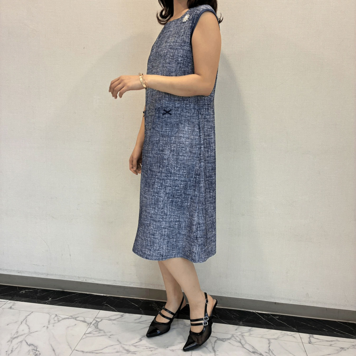 Super Beauty 転写プリント格子チェック柄スクエアネックフレンチスリーブワンピース - 画像4