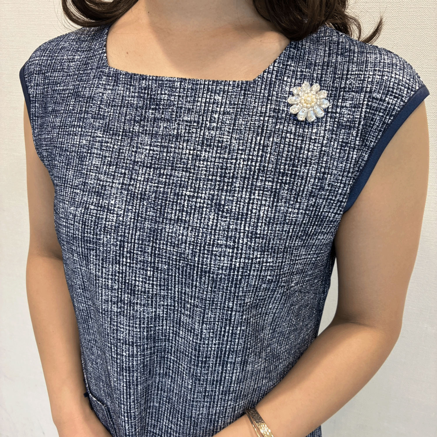 Super Beauty 転写プリント格子チェック柄スクエアネックフレンチスリーブワンピース - 画像6