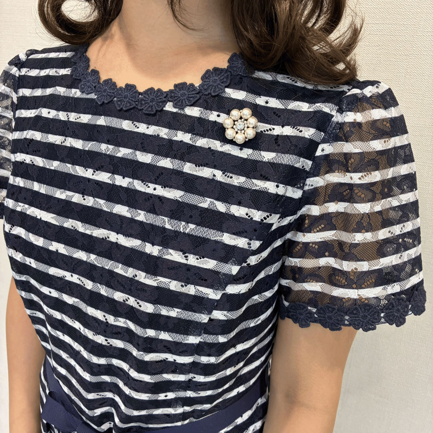 Super Beauty ボーダープリントレース素材半袖ワンピース - 画像12