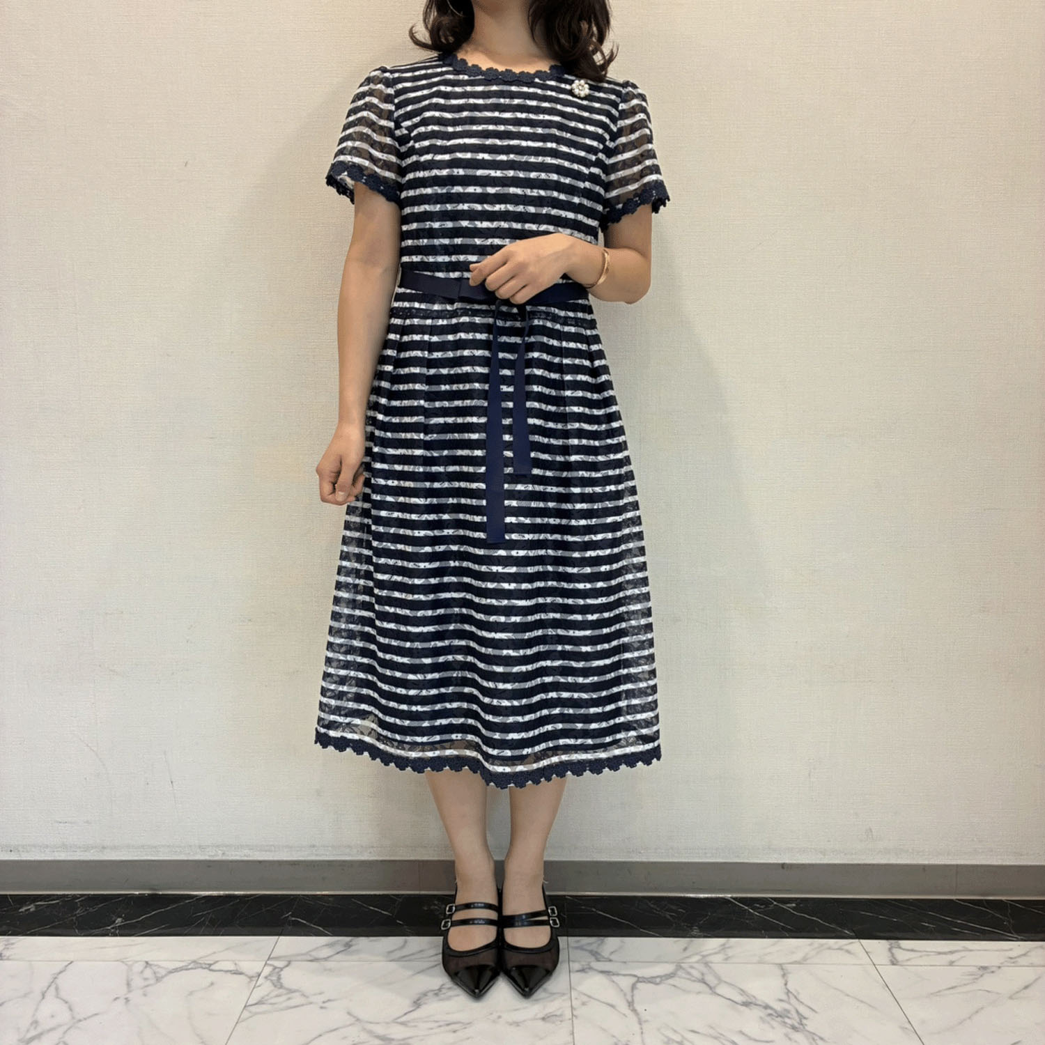 Super Beauty ボーダープリントレース素材半袖ワンピース - 画像9