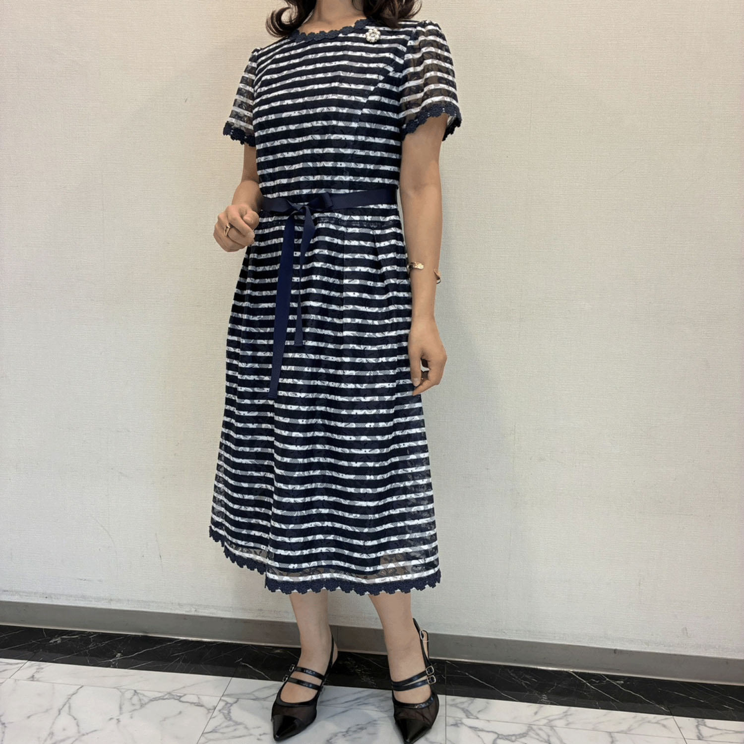 【3月下旬入荷予定】Super Beauty ボーダープリントレース素材半袖ワンピース - 画像10