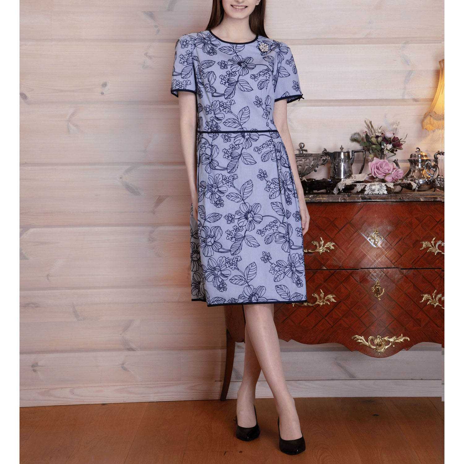 【4月中旬入荷予定】Super Beauty ストライプ柄×花フロッキープリント半袖ワンピース - 画像1