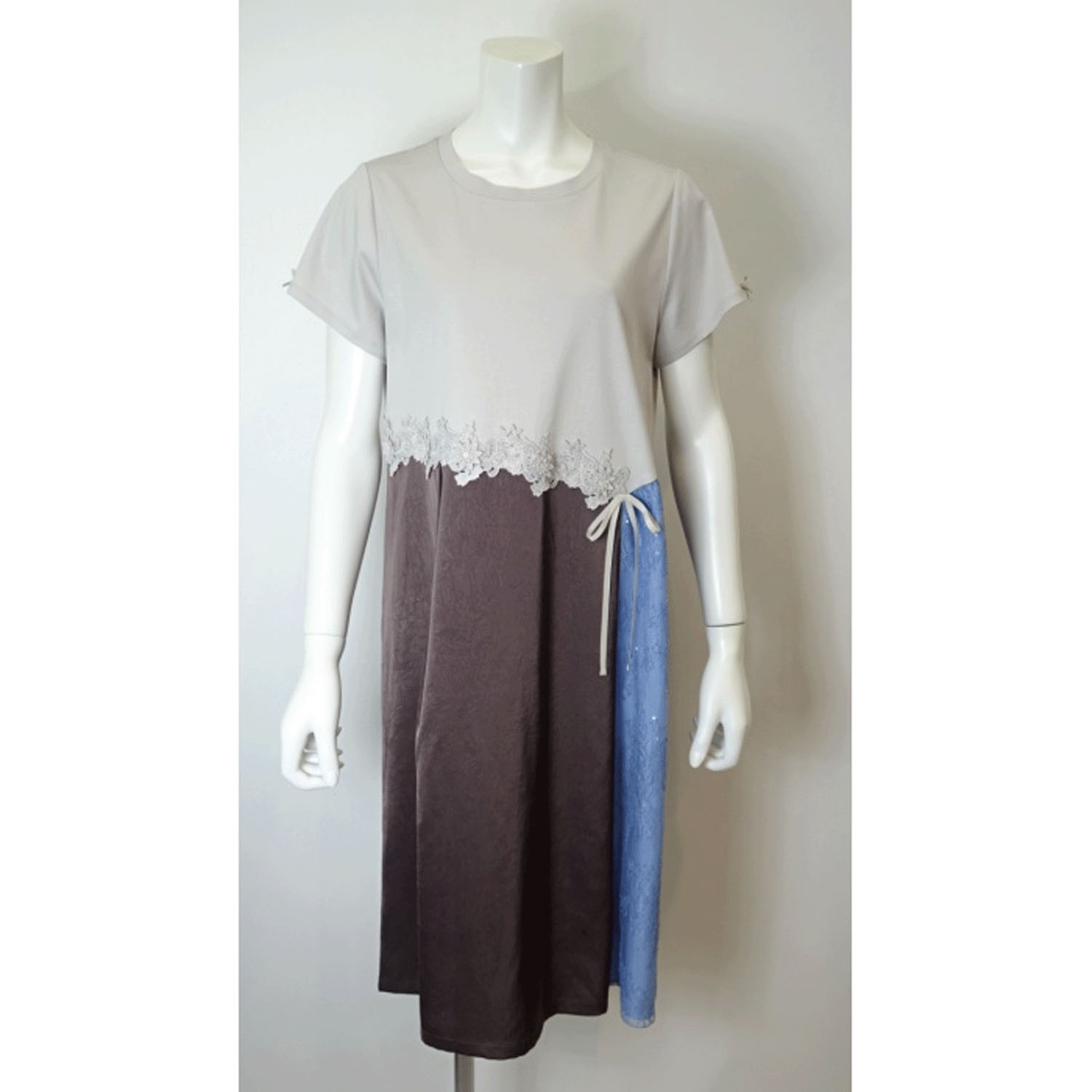 Super Beauty 異素材配色アシンメトリー切替ワンピース - 画像13