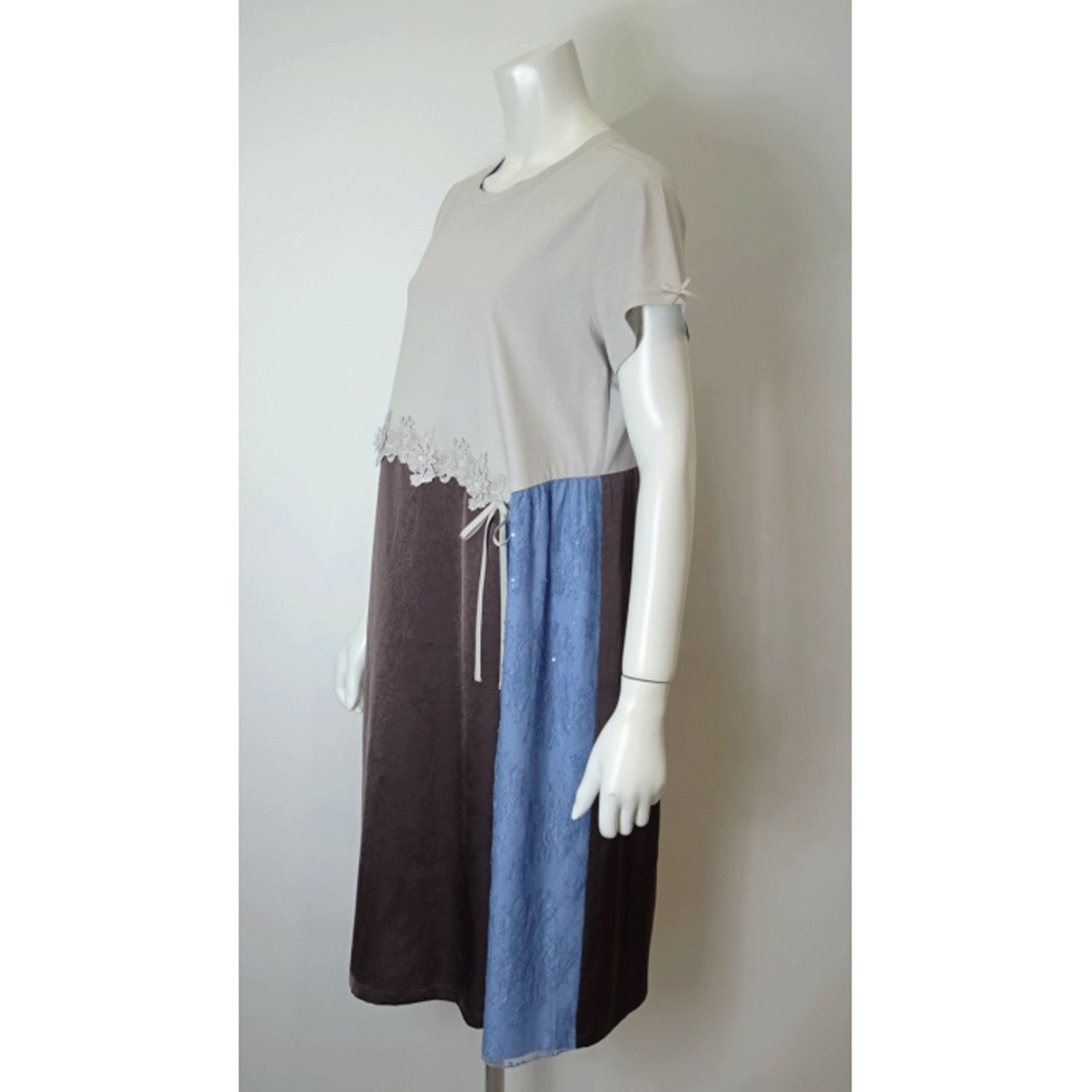 Super Beauty 異素材配色アシンメトリー切替ワンピース - 画像14