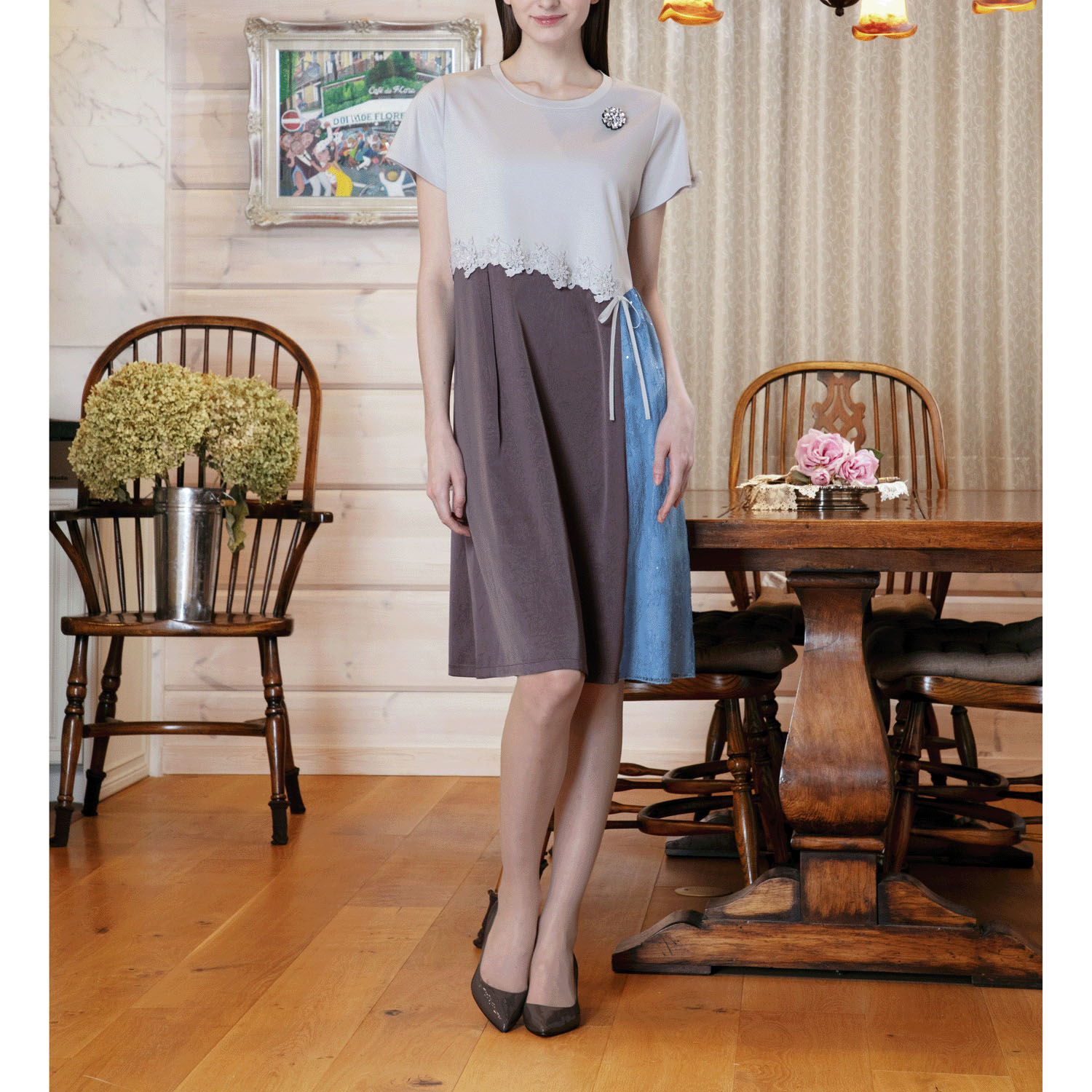 【4月中旬入荷予定】Super Beauty 異素材配色アシンメトリー切替ワンピース - 画像1