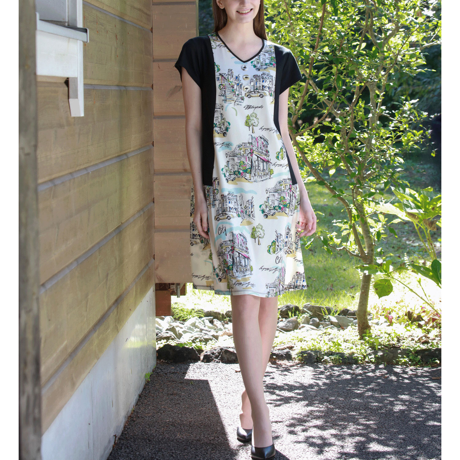 【4月下旬入荷予定】Super Beauty 街並み風景プリントVネック半袖ワンピース - 画像8