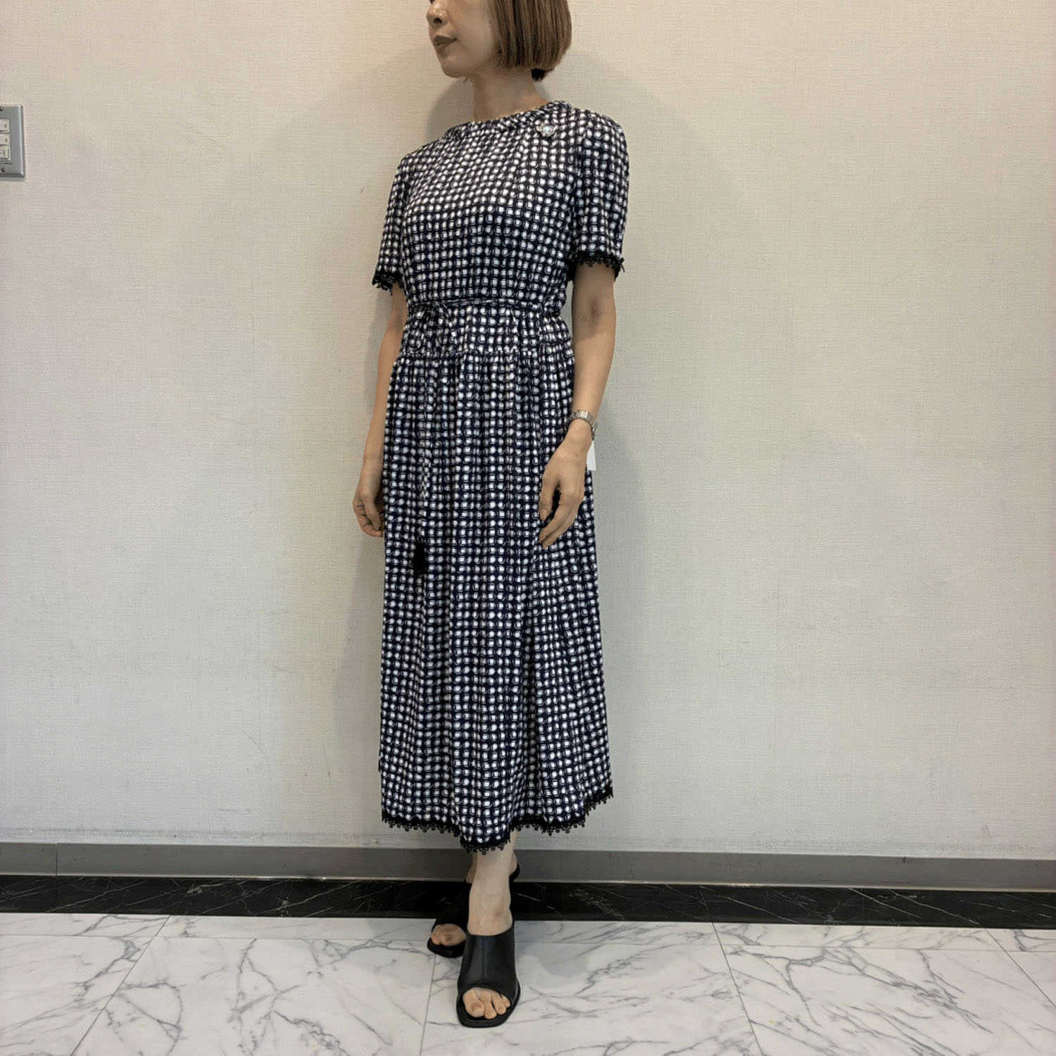 Super Beauty 衿ギャザーデザインドット系プリント半袖ワンピース - 画像2