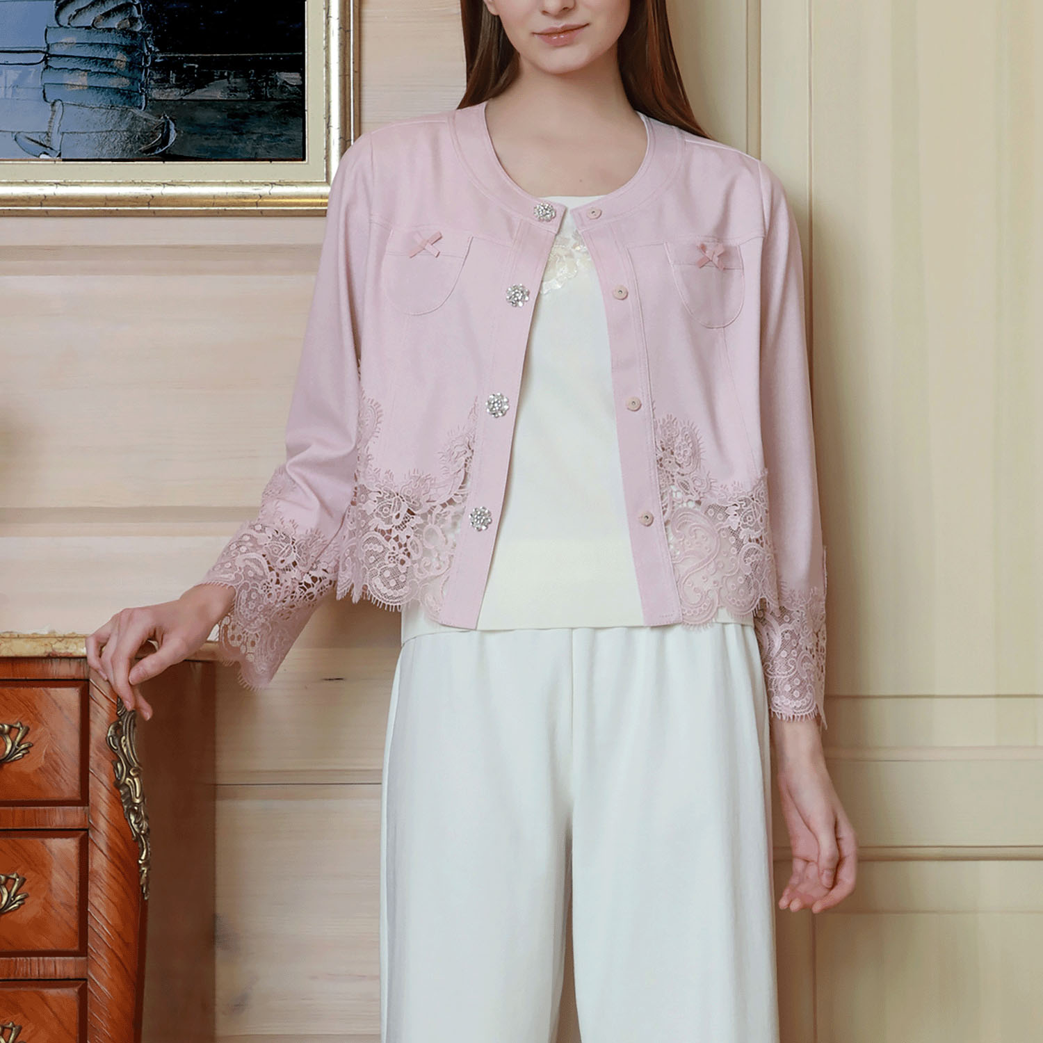 【2月下旬入荷予定】Super Beauty 裾レース切替転写素材ノーカラージャケット - 画像9