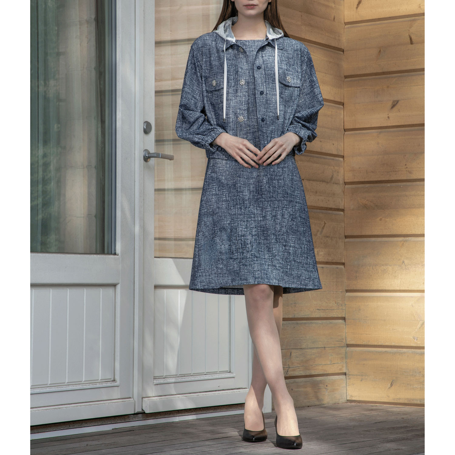 Super Beauty ジュエルボタン格子チェック柄プリント フード着脱式ジャケット - 画像3