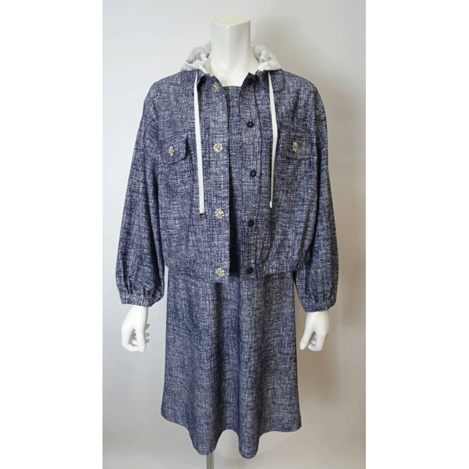 Super Beauty ジュエルボタン格子チェック柄プリント フード着脱式ジャケット - 画像21