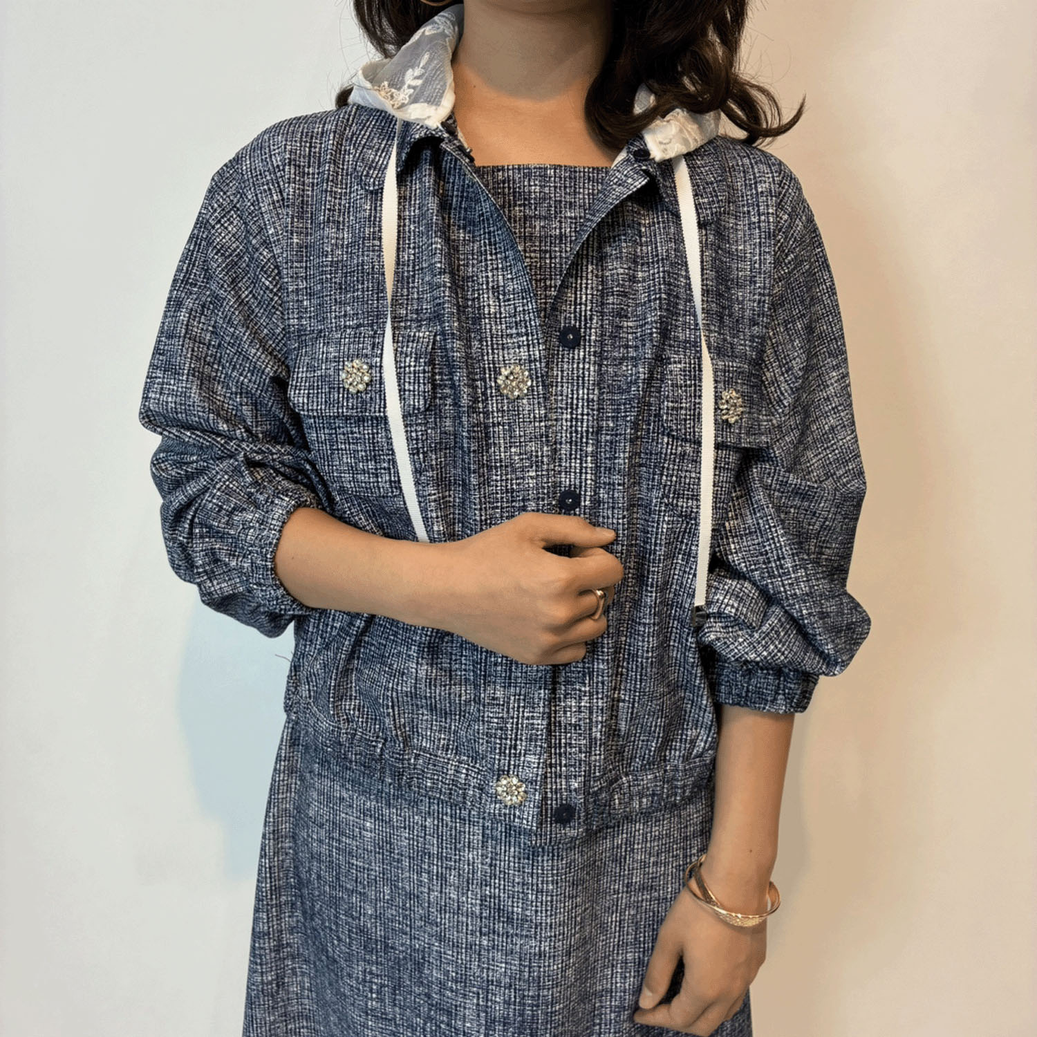 Super Beauty ジュエルボタン格子チェック柄プリント フード着脱式ジャケット - 画像4