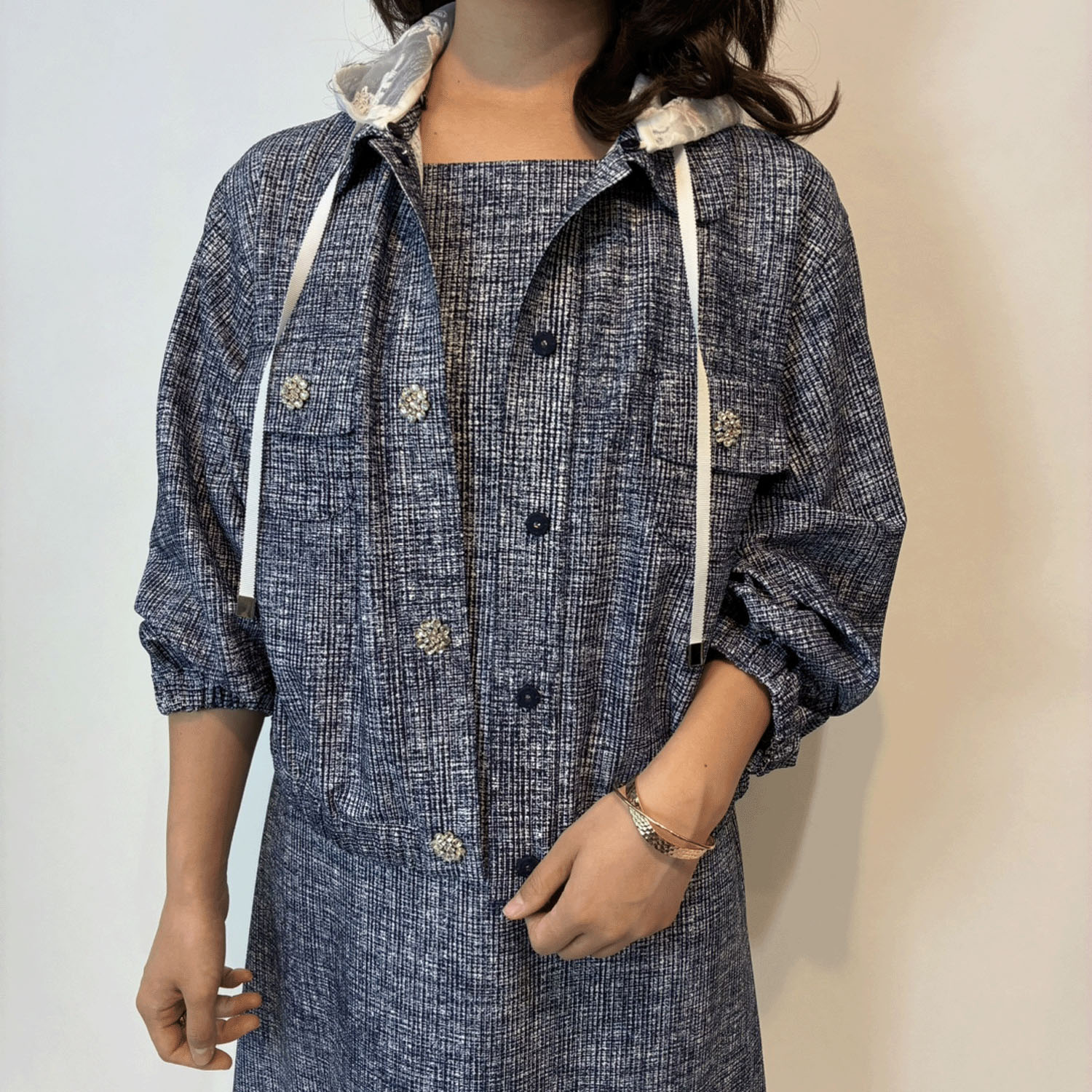 Super Beauty ジュエルボタン格子チェック柄プリント フード着脱式ジャケット - 画像5