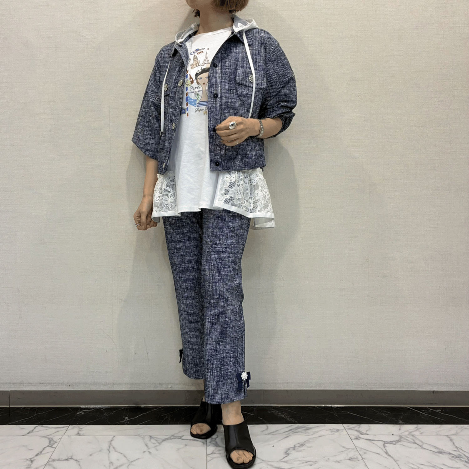 Super Beauty ジュエルボタン格子チェック柄プリント フード着脱式ジャケット - 画像8