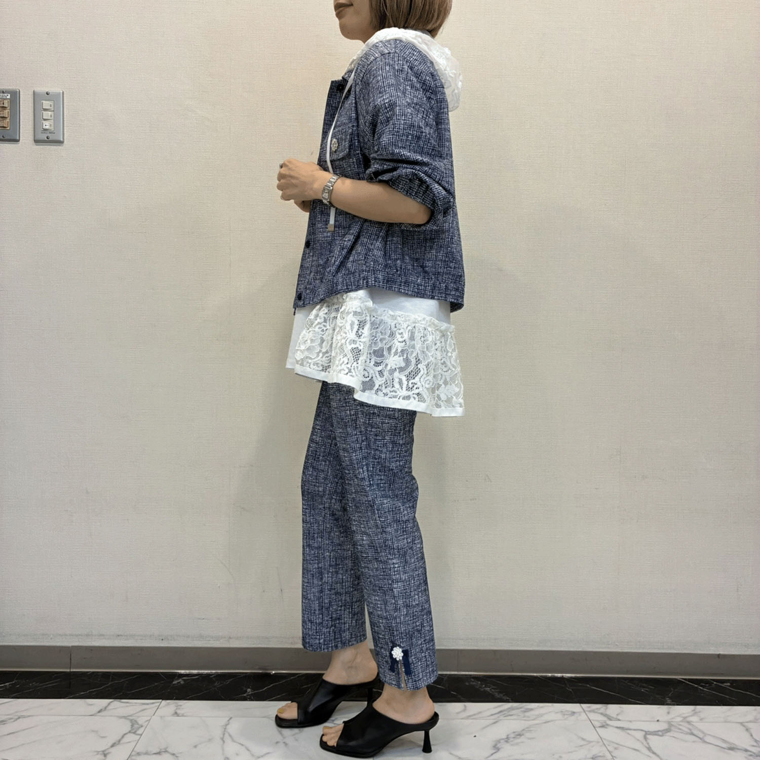 Super Beauty ジュエルボタン格子チェック柄プリント フード着脱式ジャケット - 画像10