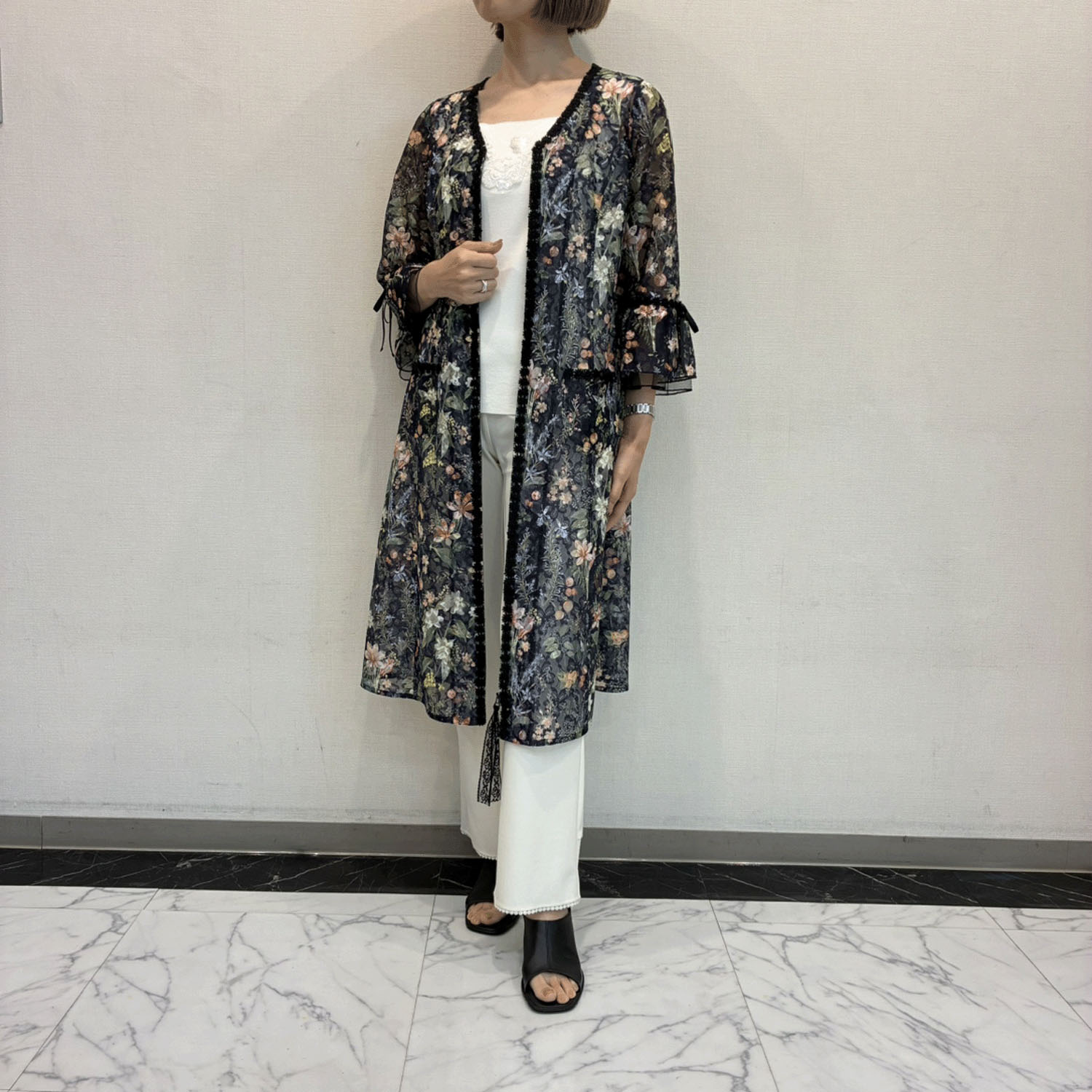 Super Beauty レース素材フラワープリントV開きジャケット - 画像5