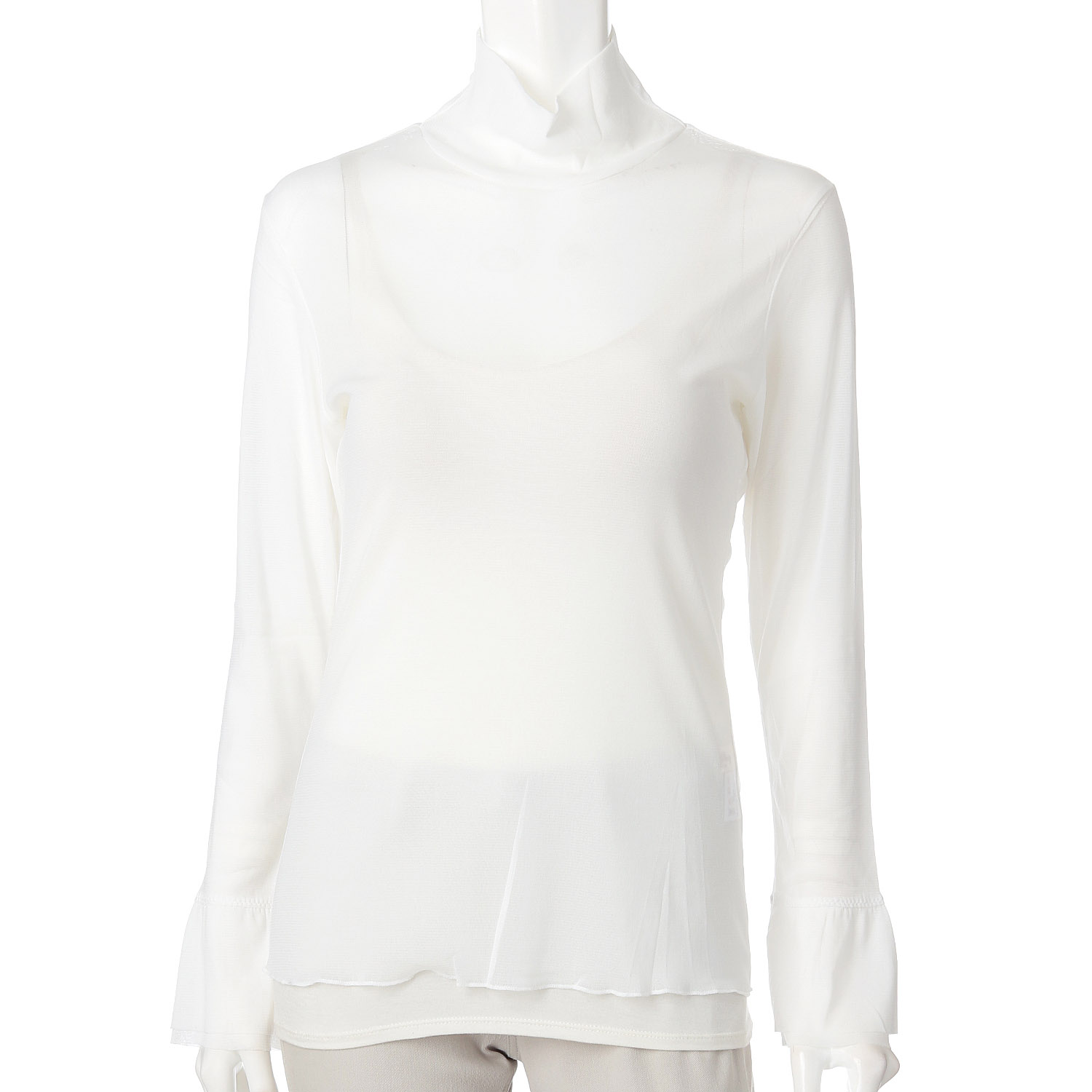 Super Beauty 袖先リボン使いハイネックパワーネットトップス - 画像1