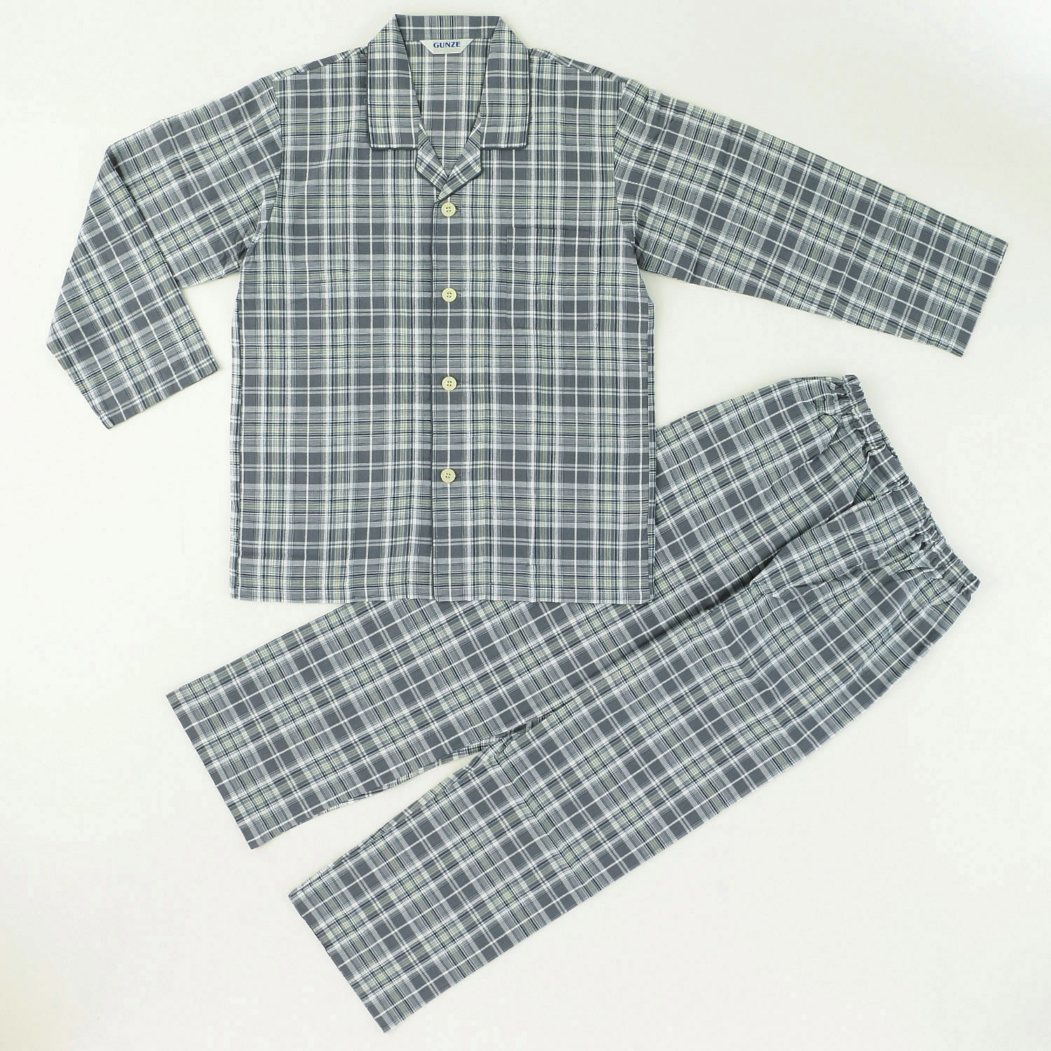 GUNZE 紳士 綿100％ 先染サッカー格子柄長袖長パンツ パジャマLL - 画像2