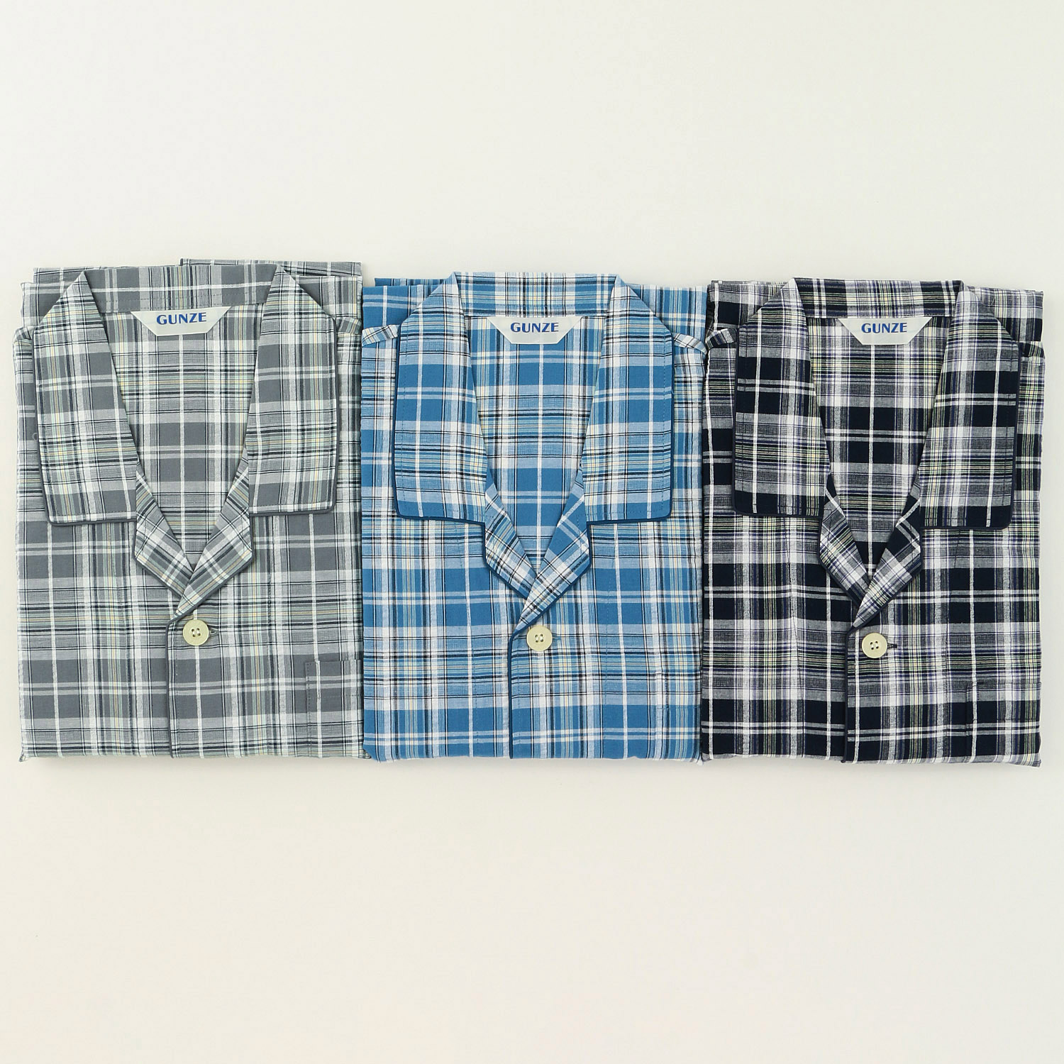 GUNZE 紳士 綿100％ 先染サッカー格子柄長袖長パンツ パジャマ - 画像1