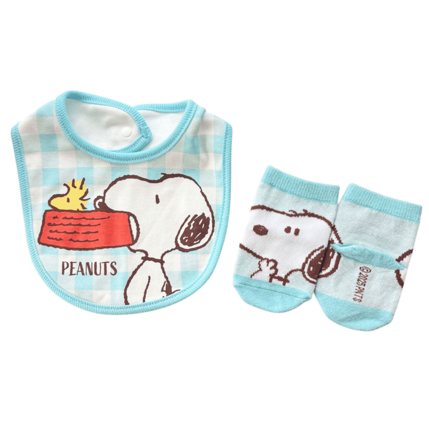 ビブとソックスのベビーセット スヌーピー チェック - 画像1