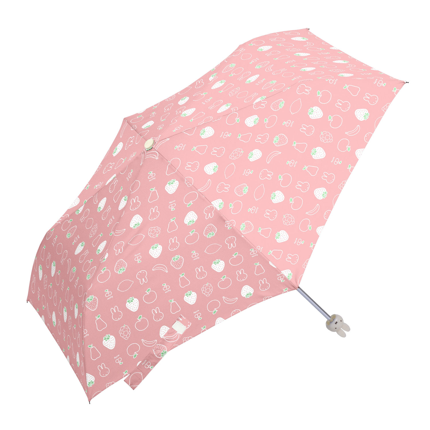 ミッフィー コンパクト折りたたみ傘 ミッフィーハンドル いちごとフルーツ柄 - 画像1